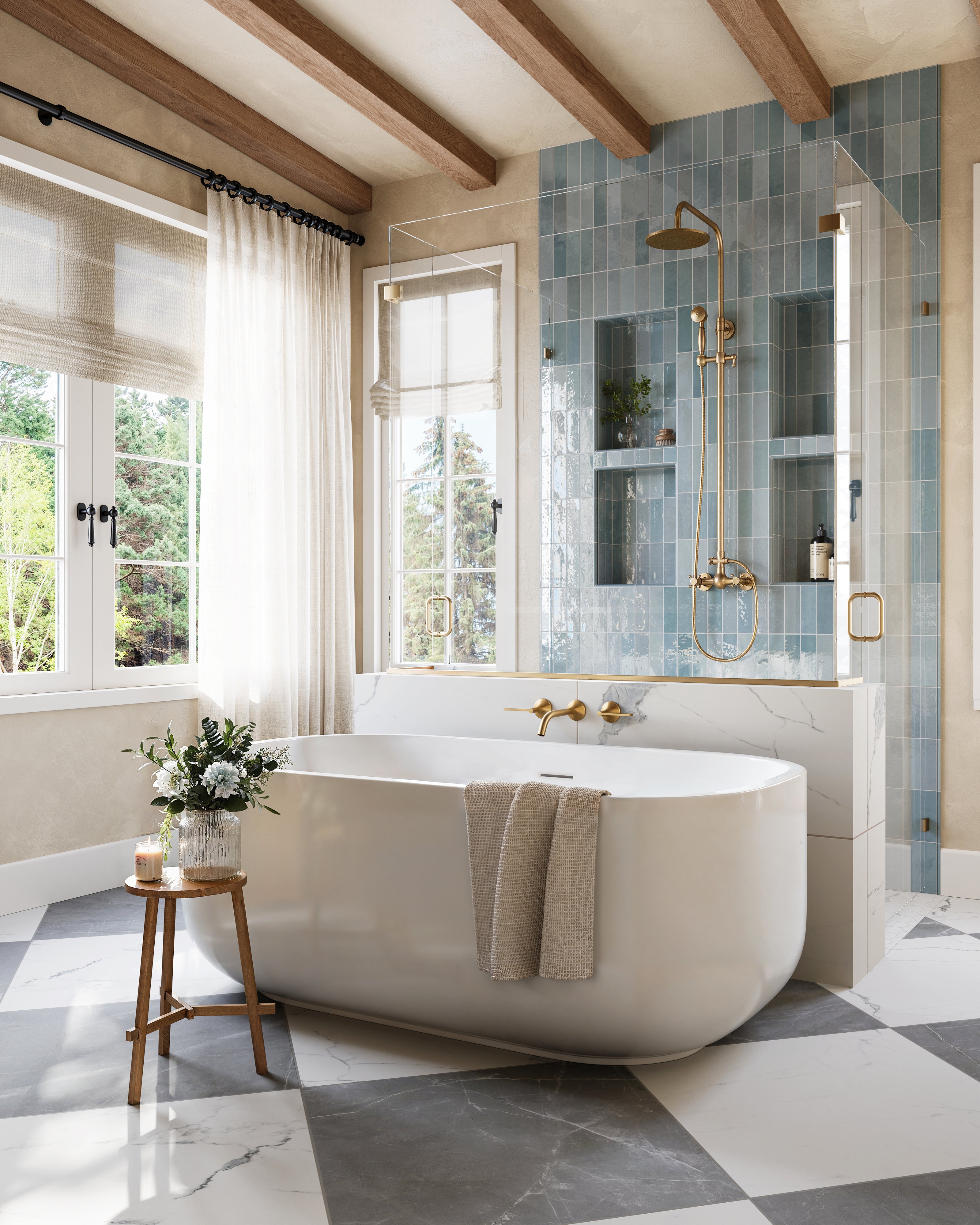 Inviting bathroom with glossy blue vertical subway wall tiles in the shower and elegant gray-and-white marble-look porcelain floor tiles in a bold checkerboard layout.