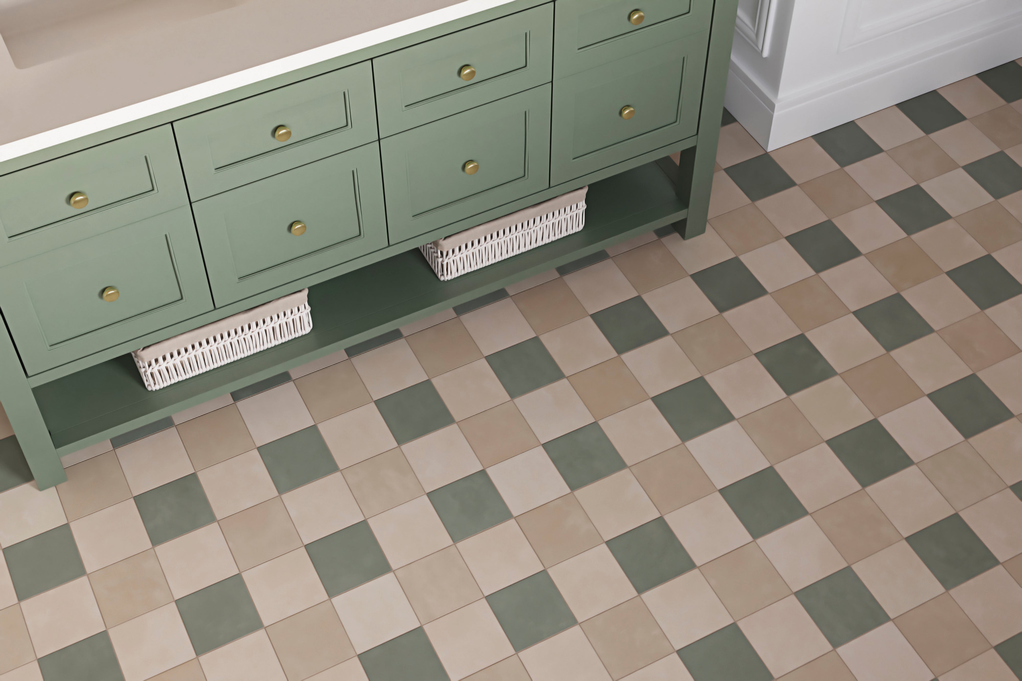A checkerboard layout of 6x6 porcelain tiles in muted green and warm beige adds subtle rhythm to the bathroom floor, complementing the vanity with a balanced, classic look.