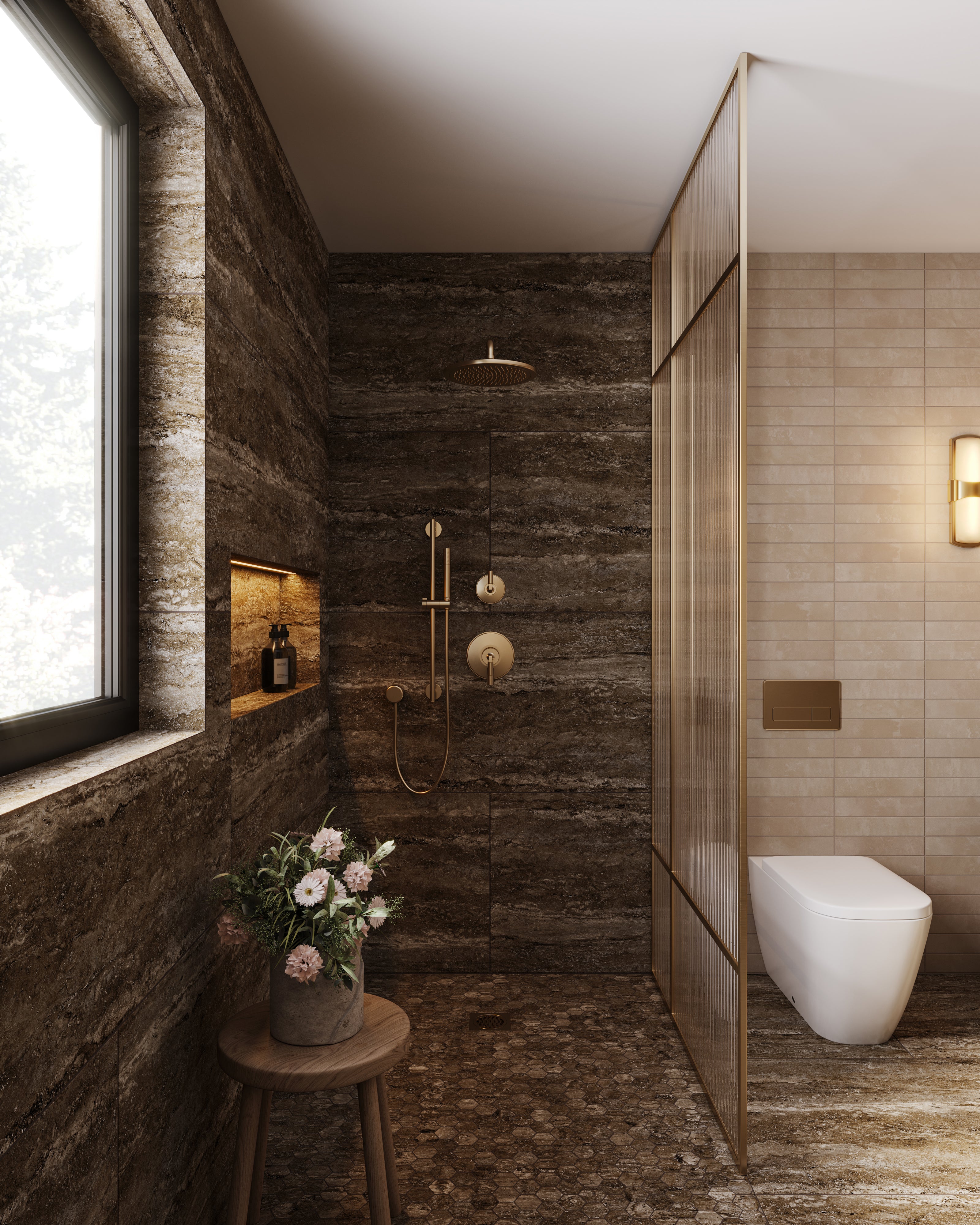 Bathroom featuring matte travertine-look porcelain 3x3 hex mosaic flooring paired with large-format stone-look wall tiles.