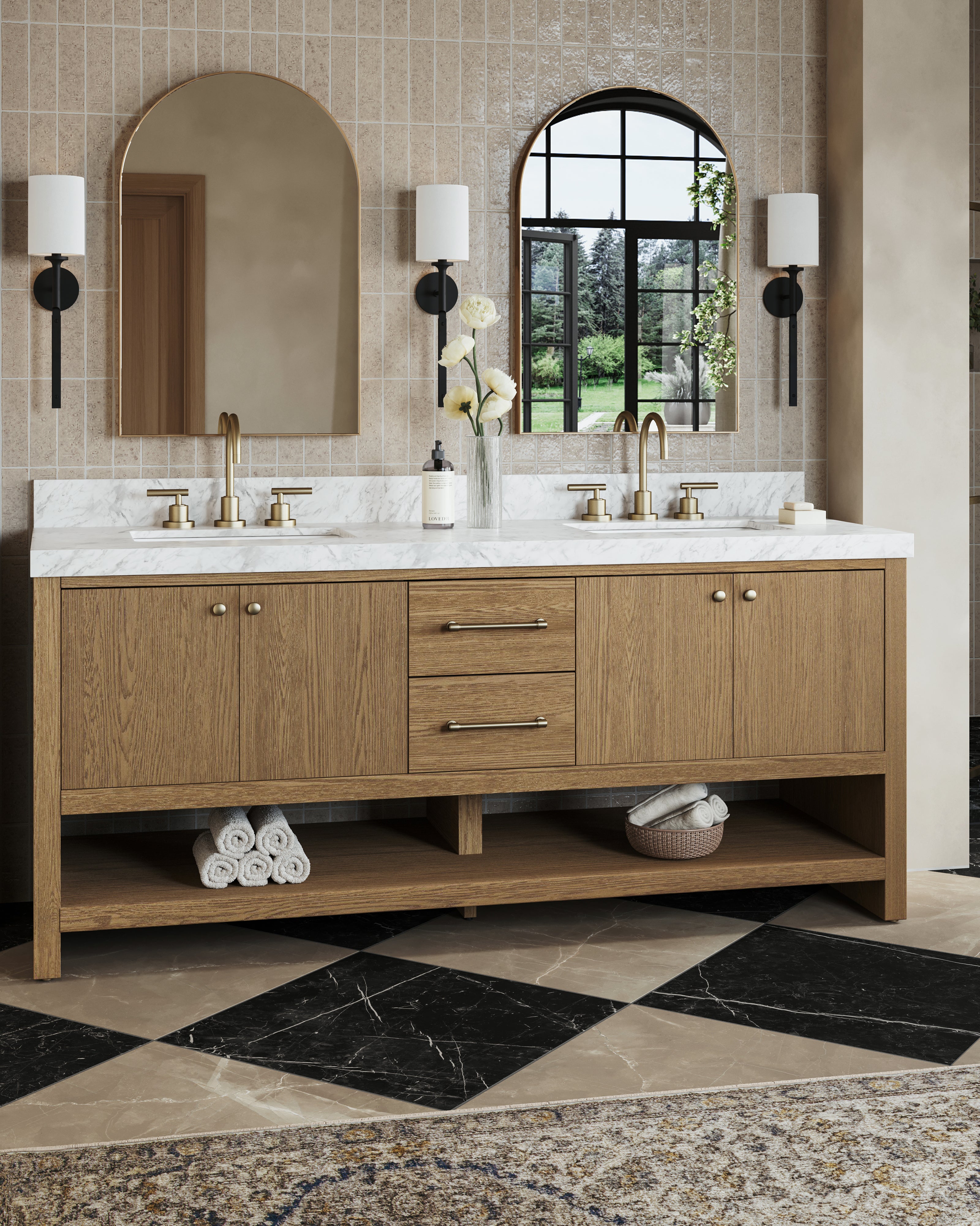 Maxine 72" Double Vanity in Washed Natural Veneer with Carrara Marble Top