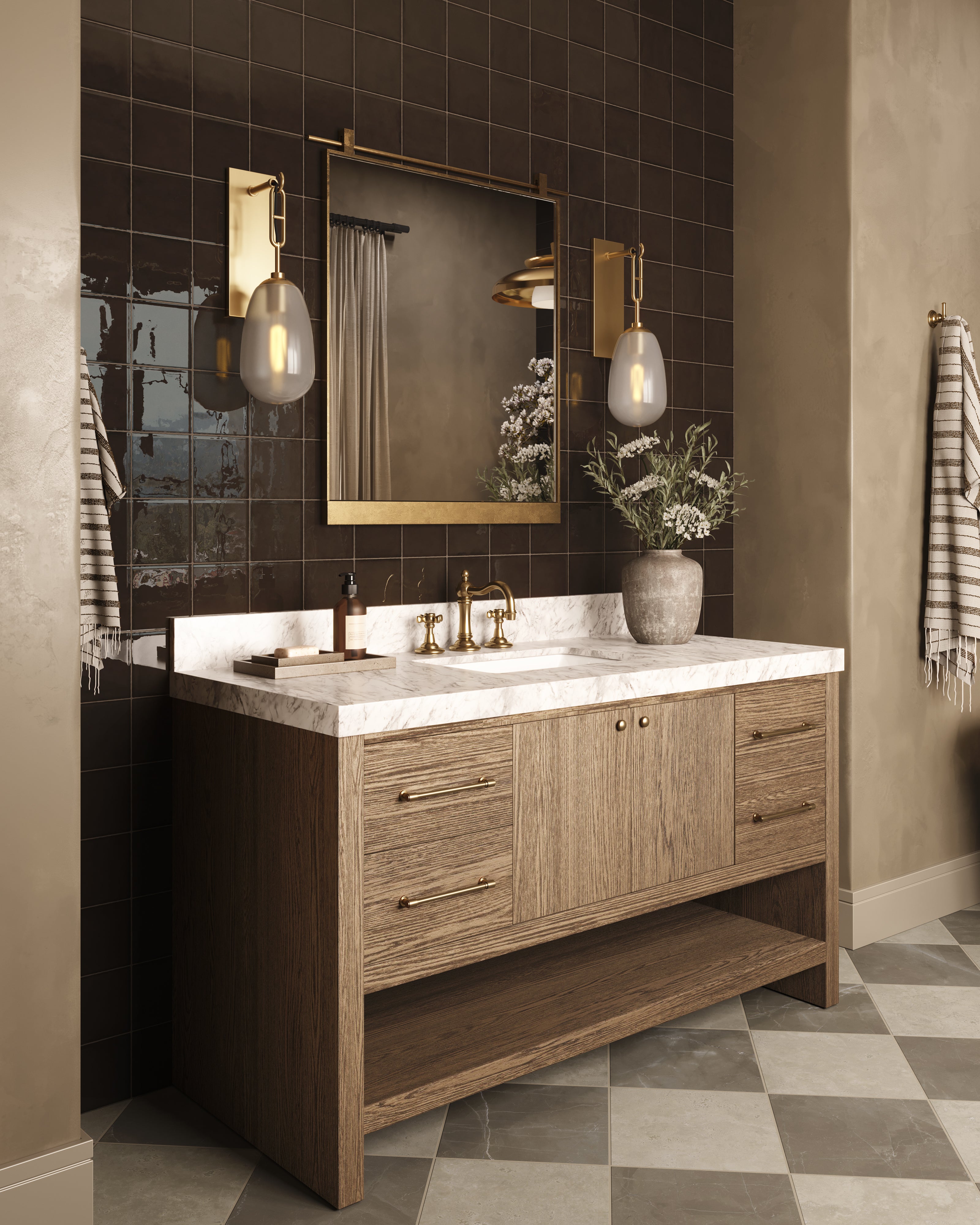 Maxine 55" Single Vanity in Washed Natural Veneer with Carrara Marble Top