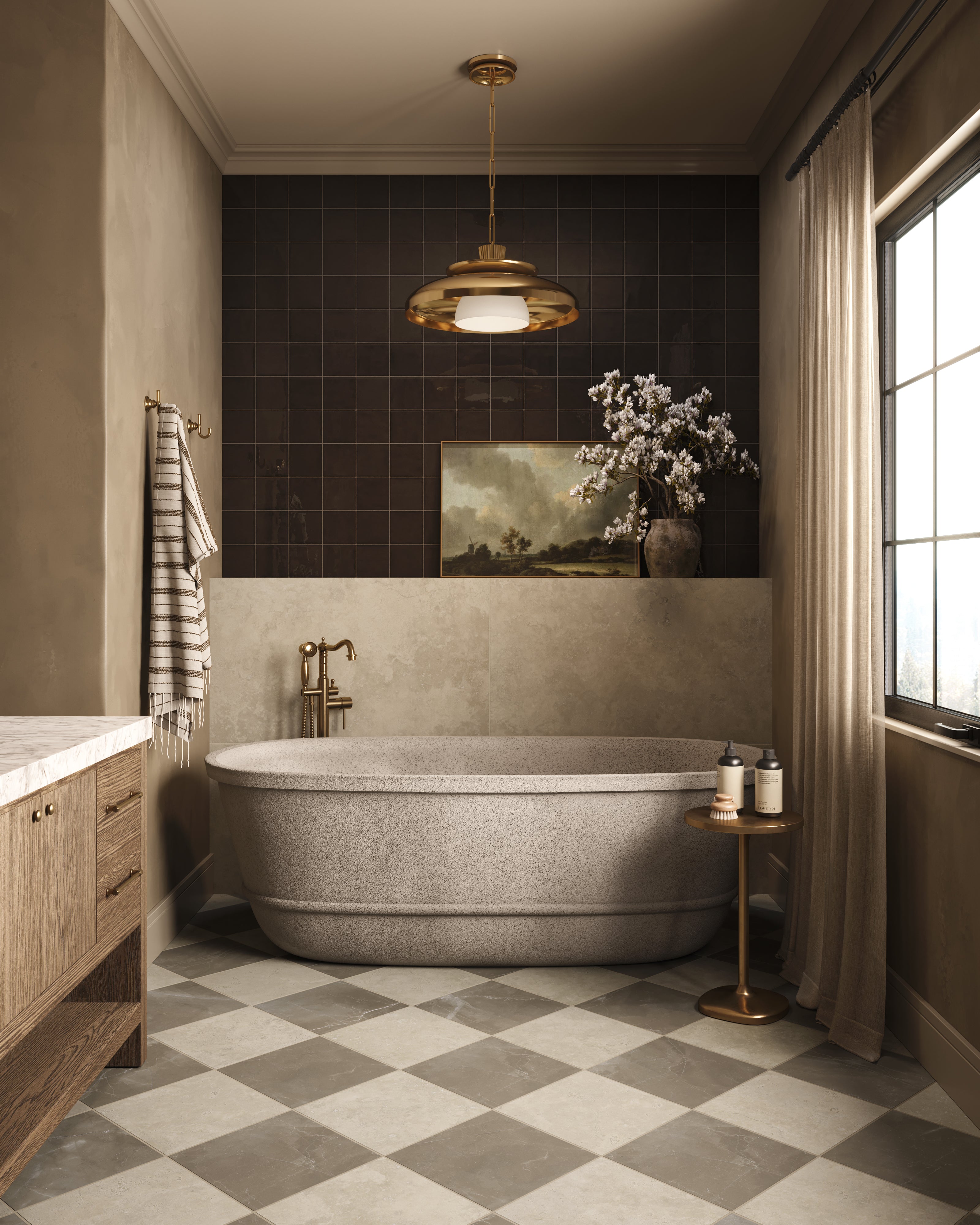 Leona 12x12 Checkerboard Matte Porcelain Tile in Marfil and Amani Bronze