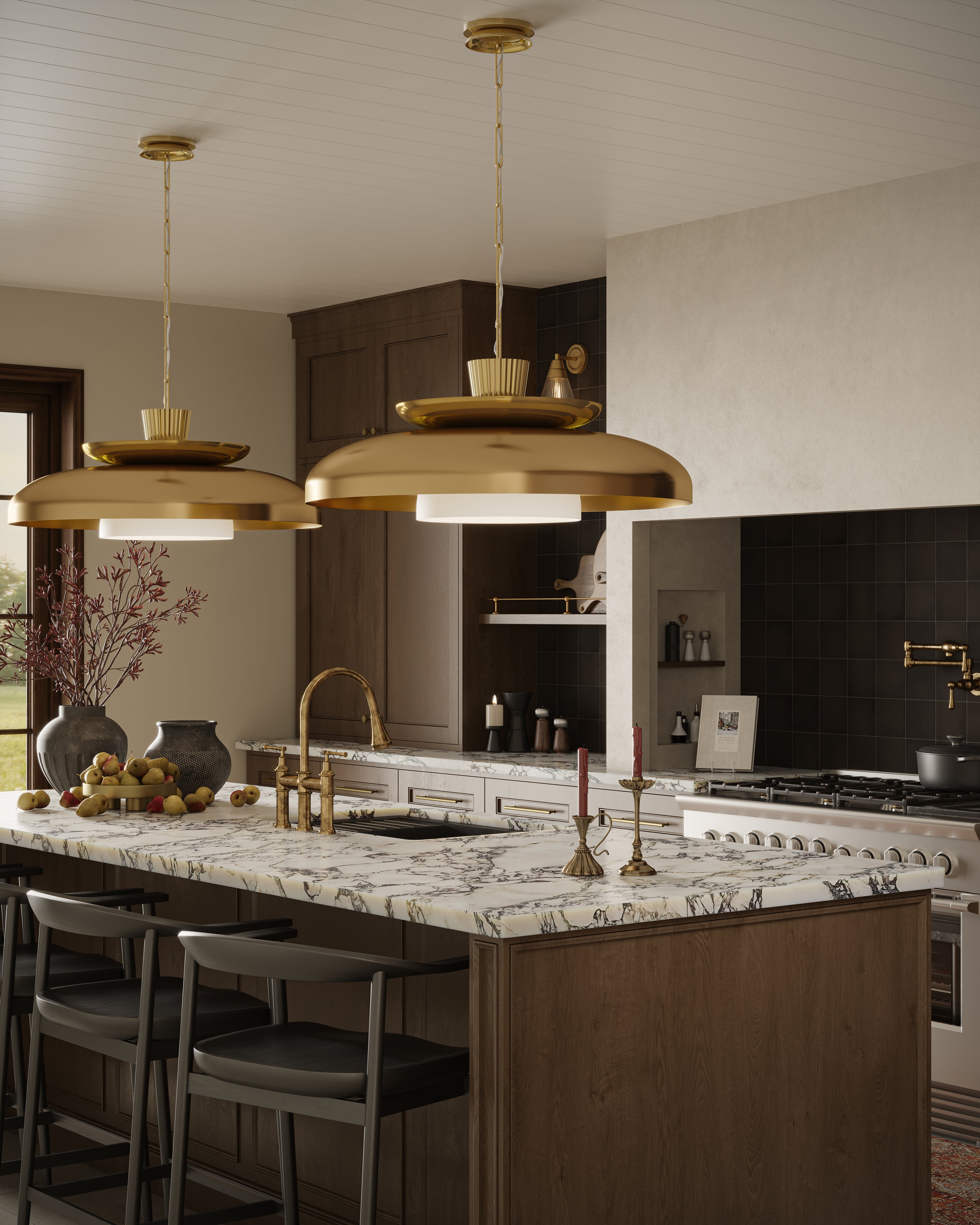 Vintage brass pendant lights with wide reflective dome shades and frosted diffusers suspended over a marble kitchen island, providing warm ambient illumination in a modern wood-accented kitchen.
