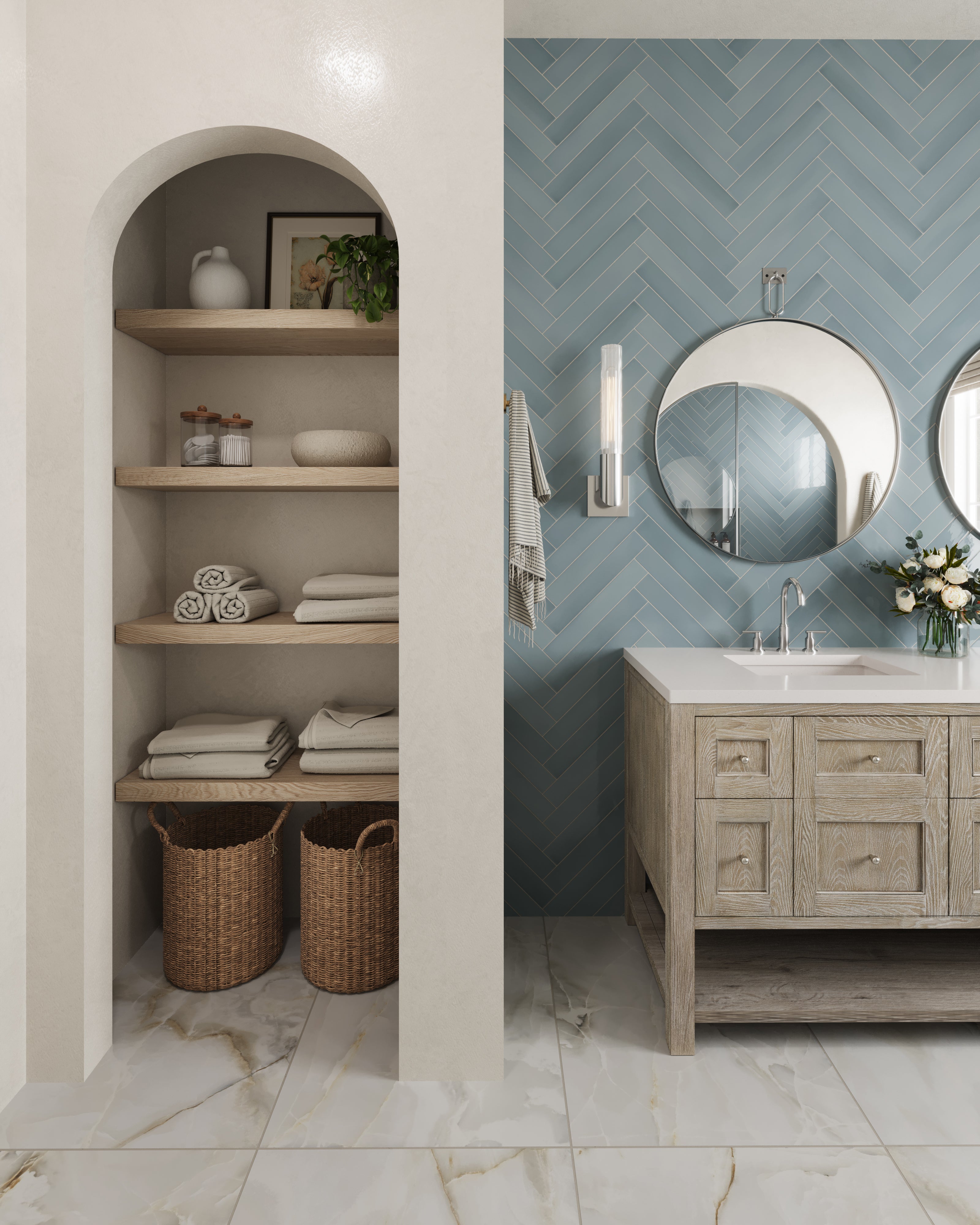 Bridgette 72" Double Vanity in Whitewashed Oak with 3 cm White Zeus Quartz Top