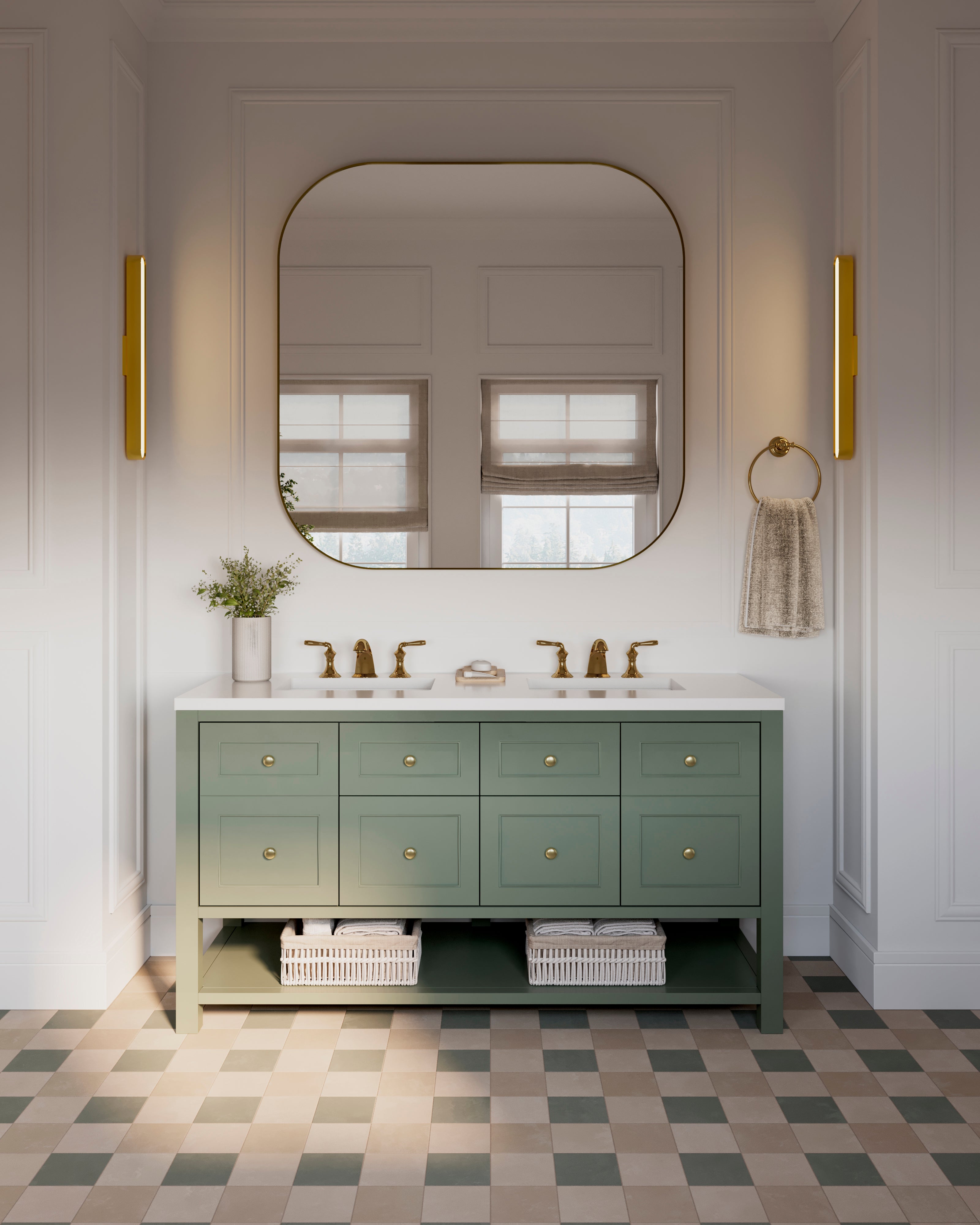 This bathroom floor features light gray square tiles with gentle tonal variation, grounding the checkerboard pattern and balancing the soft cabinetry and classic wall detailing above.