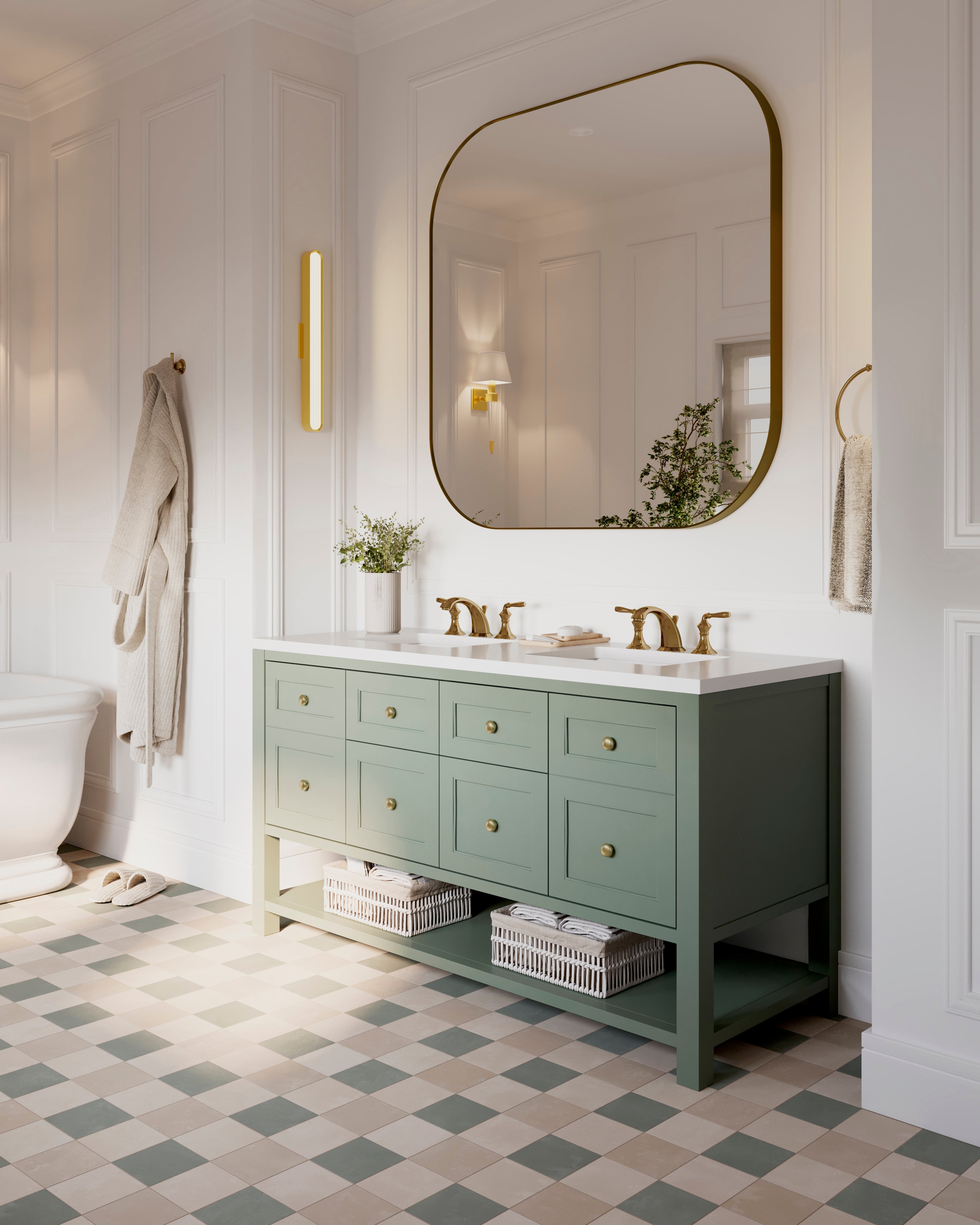 6x6 porcelain tiles in beige and soft green create a checkerboard floor beneath the vanity, adding gentle contrast and a calm, classic feel to the bathroom setting.