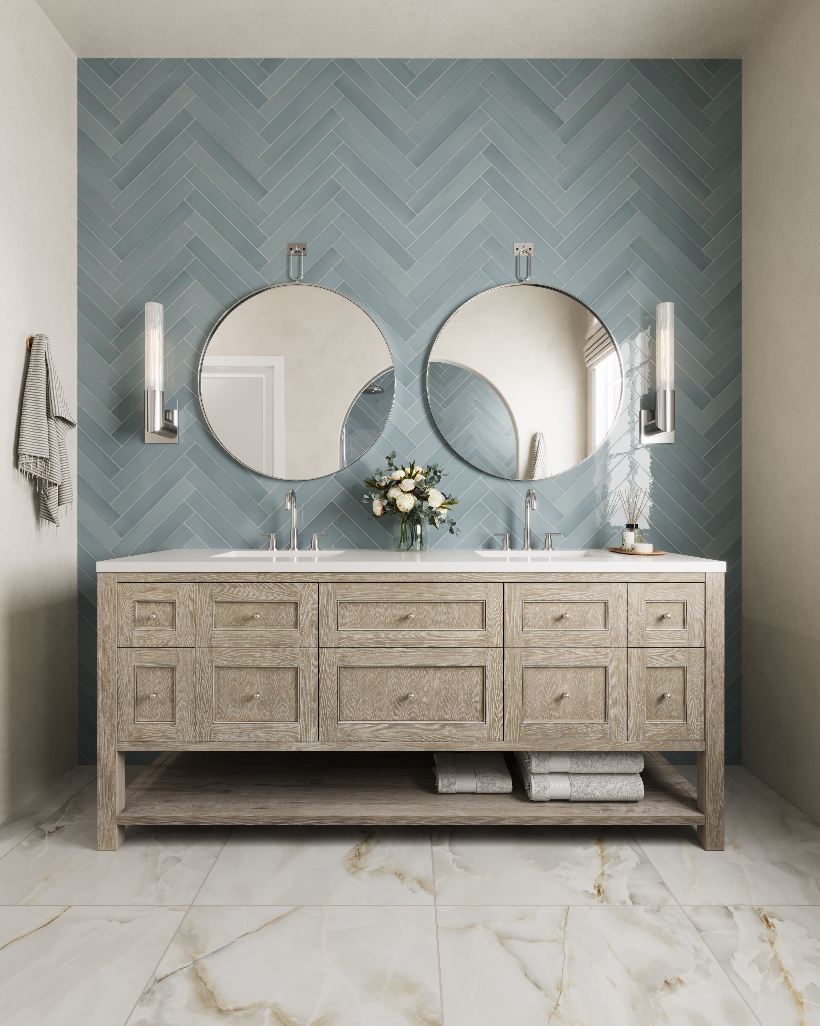 Bridgette 72" Double Vanity in Whitewashed Oak with 3 cm White Zeus Quartz Top