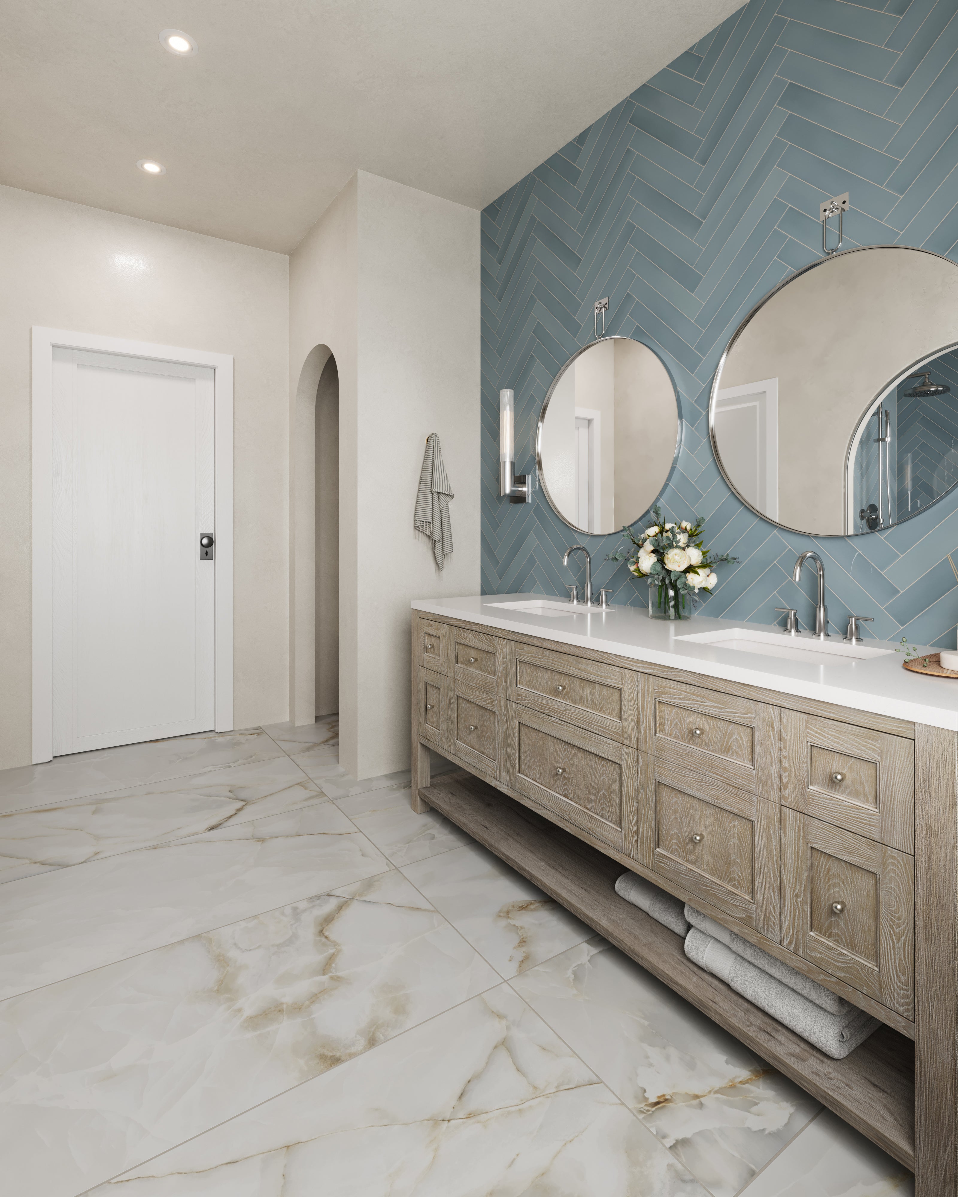 Bridgette 72" Double Vanity in Whitewashed Oak with 3 cm White Zeus Quartz Top