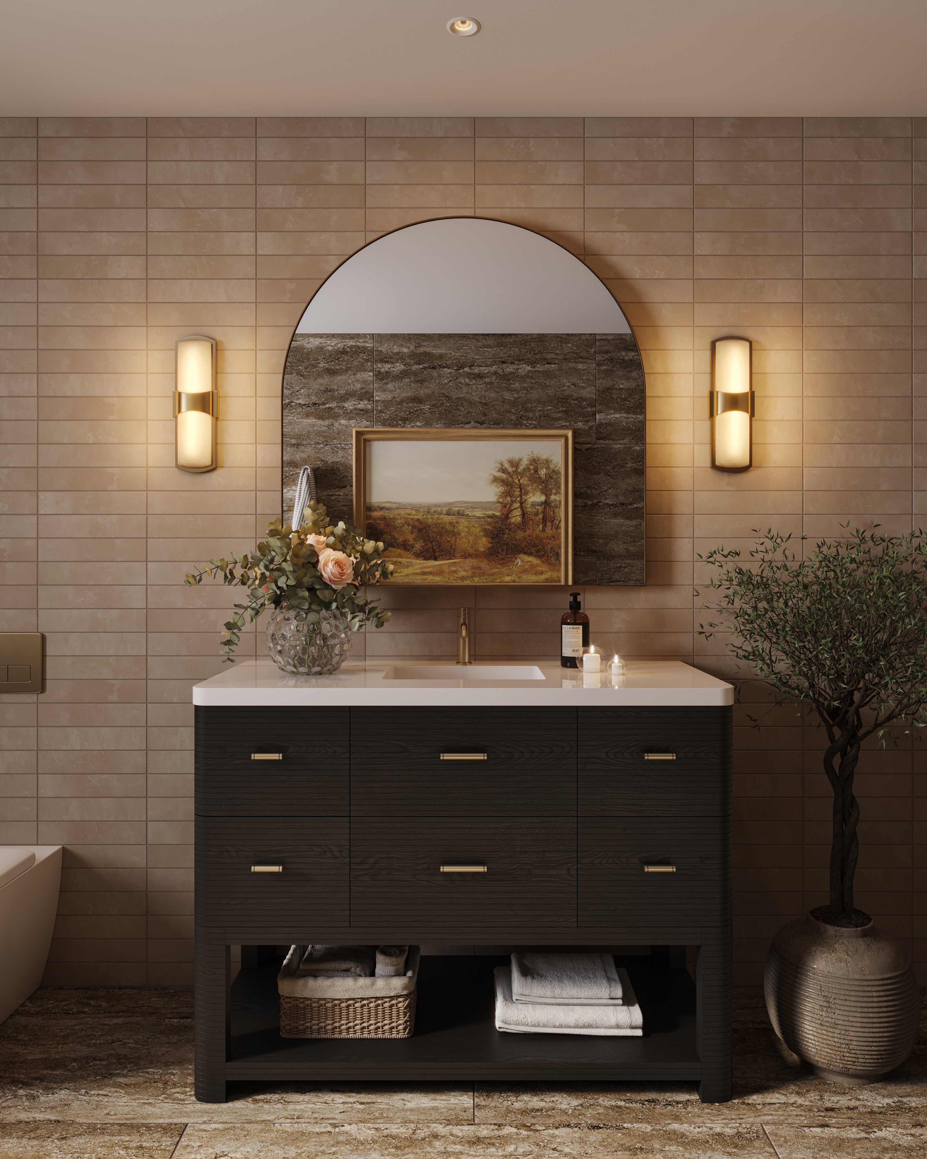 Paxton 48-inch single vanity in carbon oak with white countertop, arched mirror, brass sconces, and beige stacked tile wall.