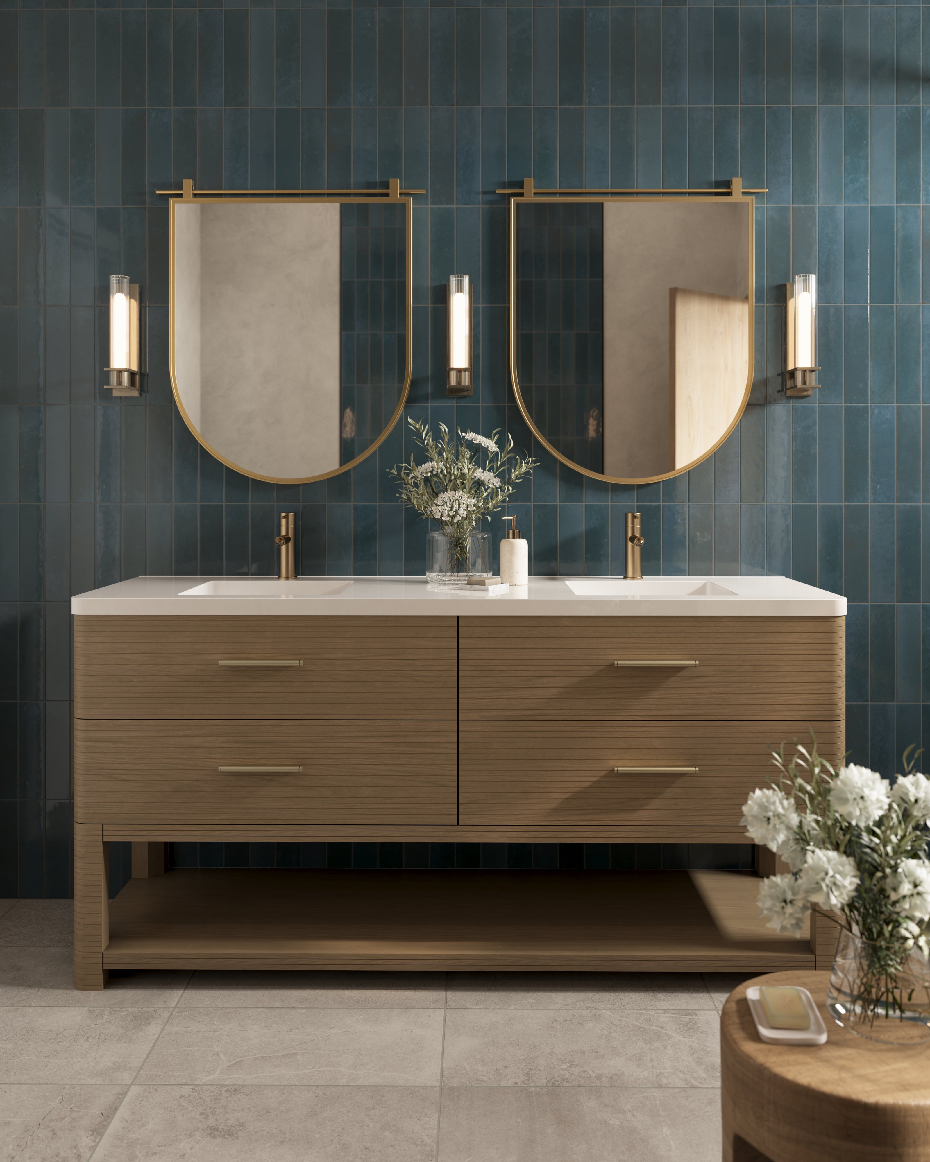 Paxton 72" Double Vanity in Pebble Oak with 3 cm White Zeus Quartz Top