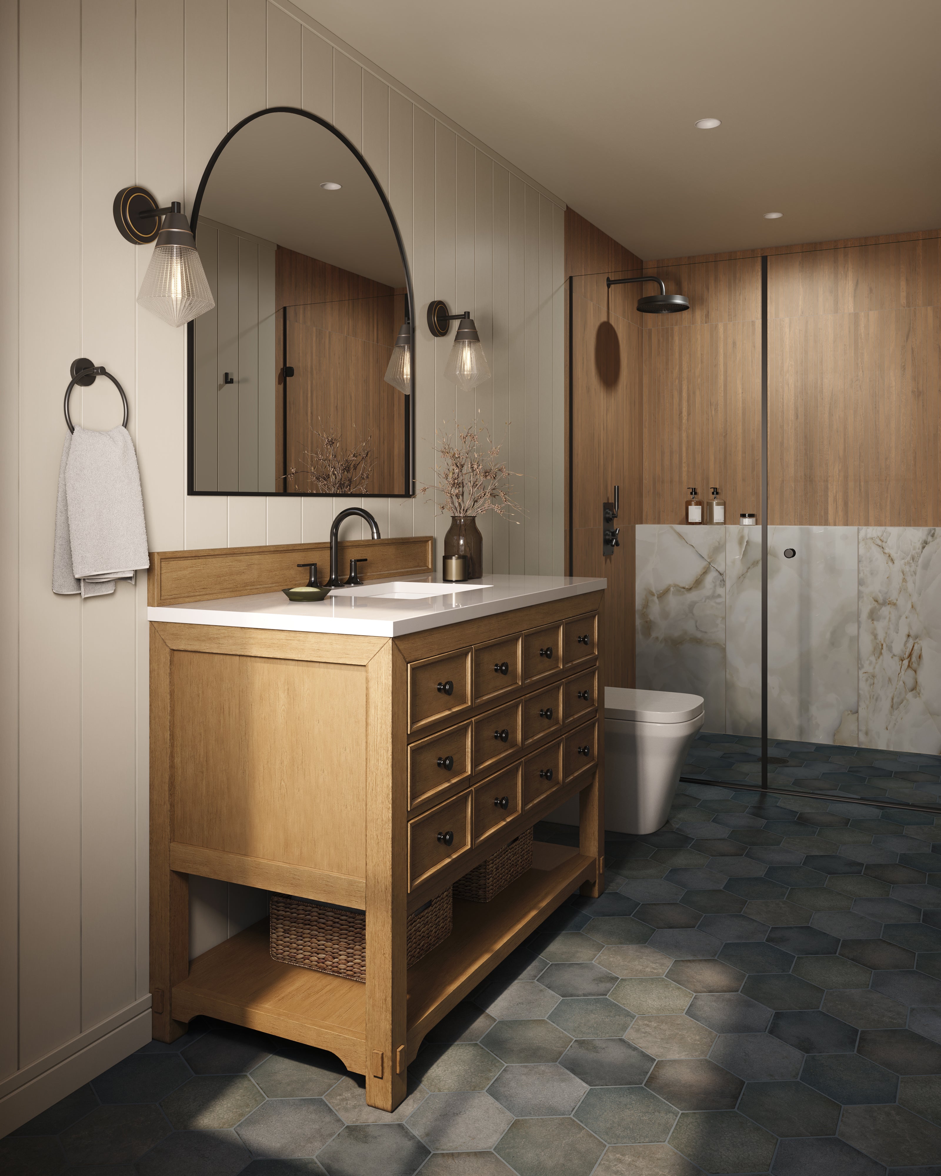 Matte porcelain wood-look 8x48 mosaic tile used on shower walls, adding natural warmth and texture to a modern bathroom design.