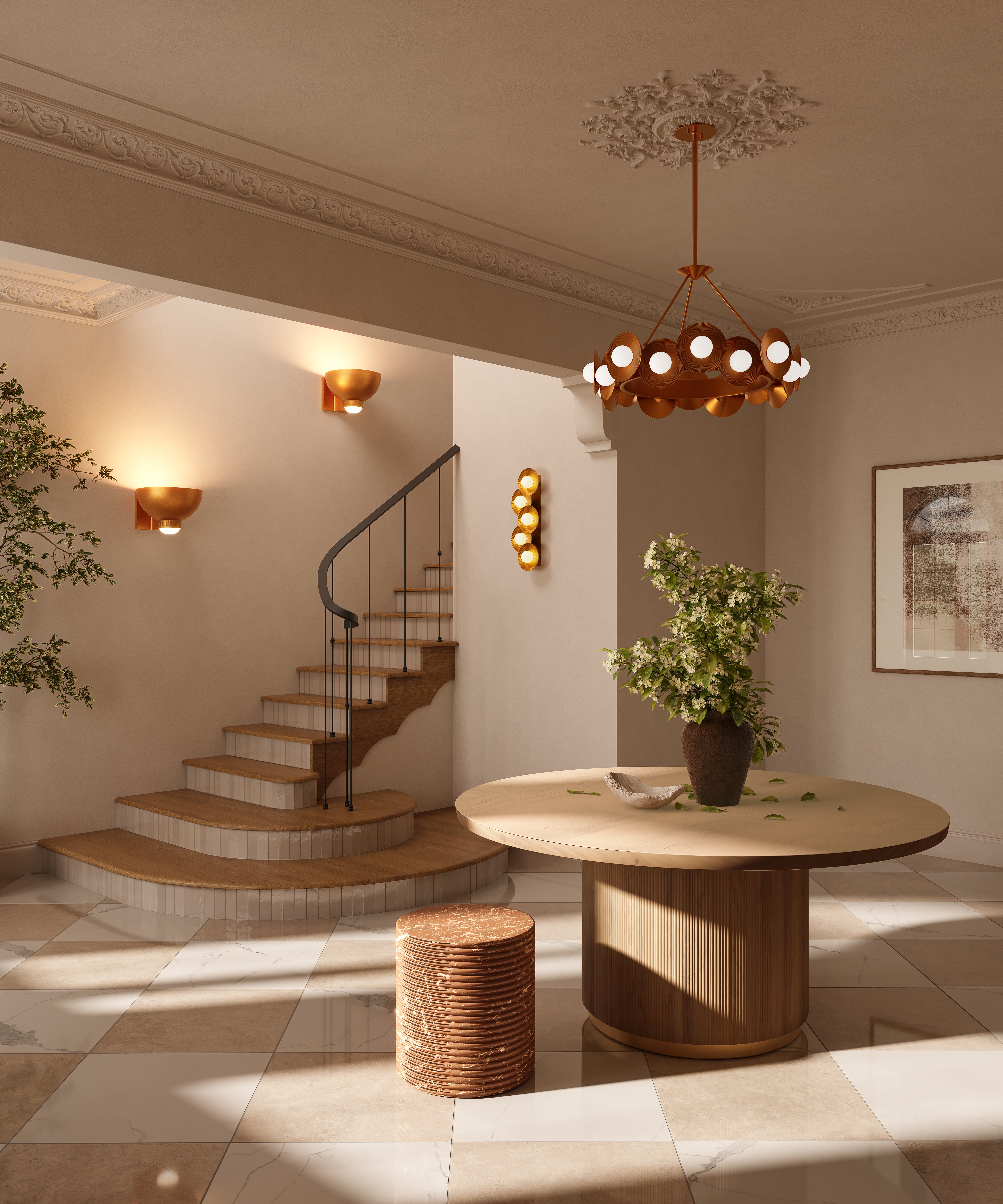 Vintage gold leaf chandelier with circular disc shades and warm globe bulbs hanging from an ornate ceiling medallion in a grand entryway.