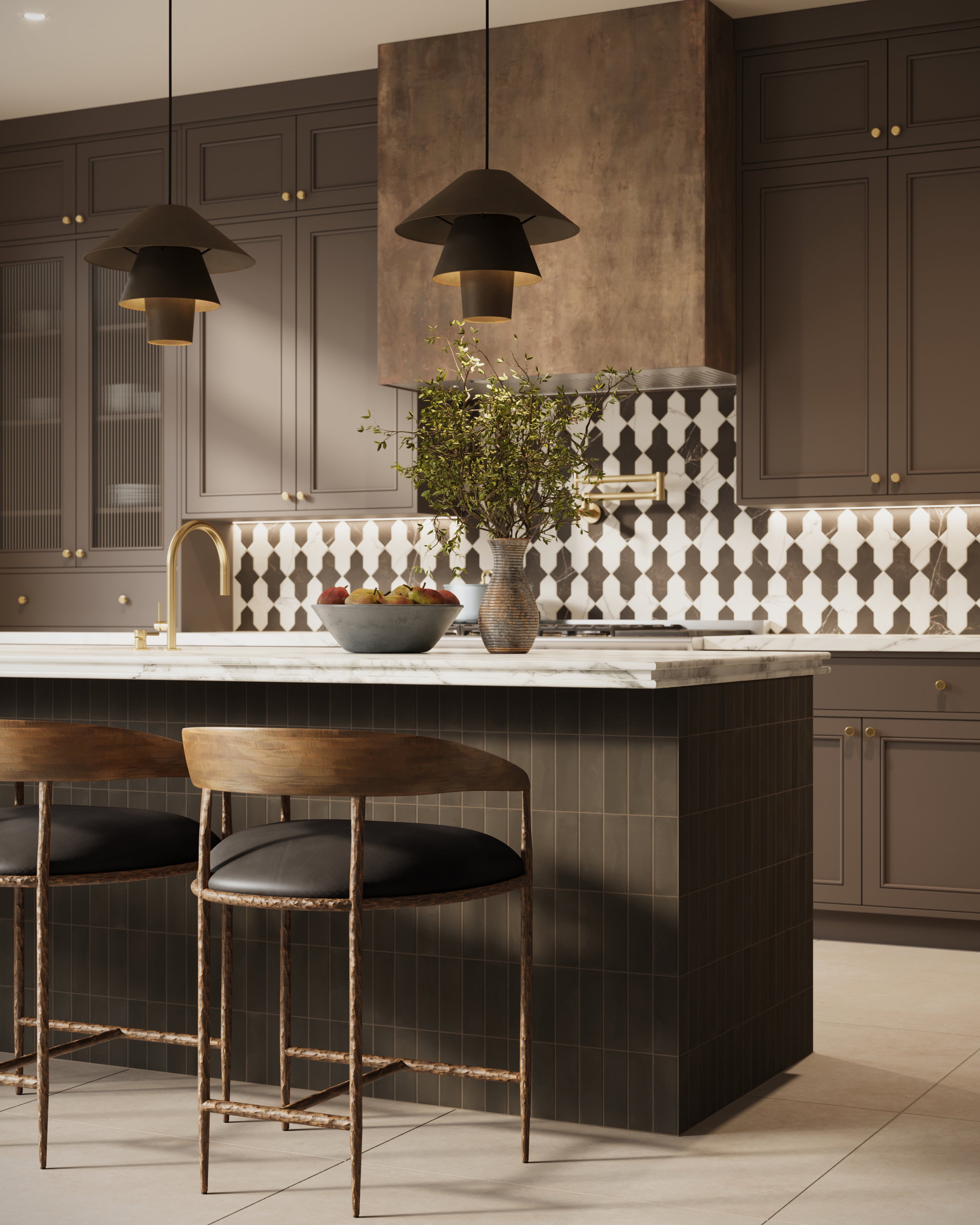 Aslan 2x8 Porcelain Tile Templar Shield Checkerboard in Calacatta