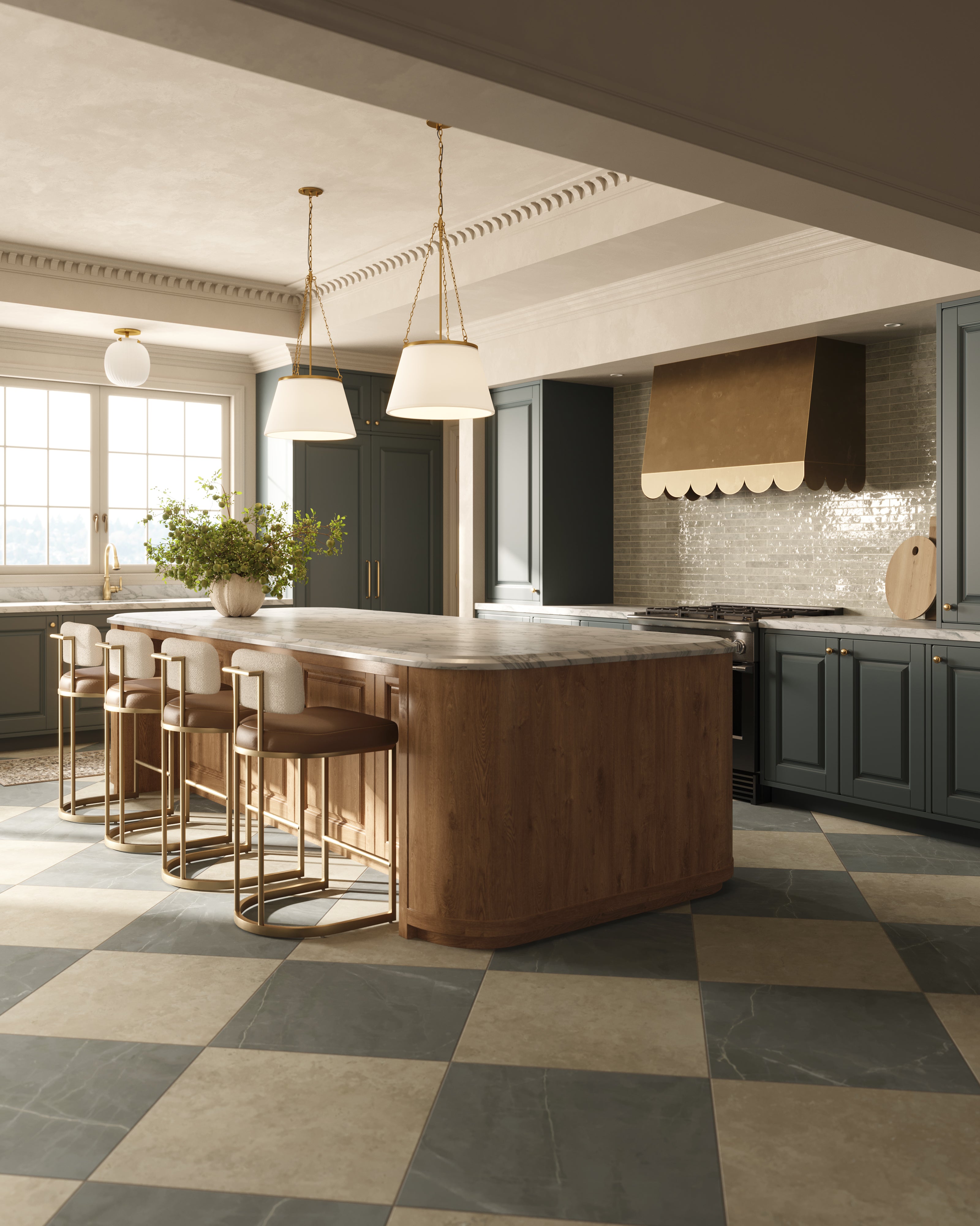 Elegant kitchen with a large wood island, brass pendant lighting, deep green cabinetry, and a checkerboard tile floor blending classic and modern design elements.