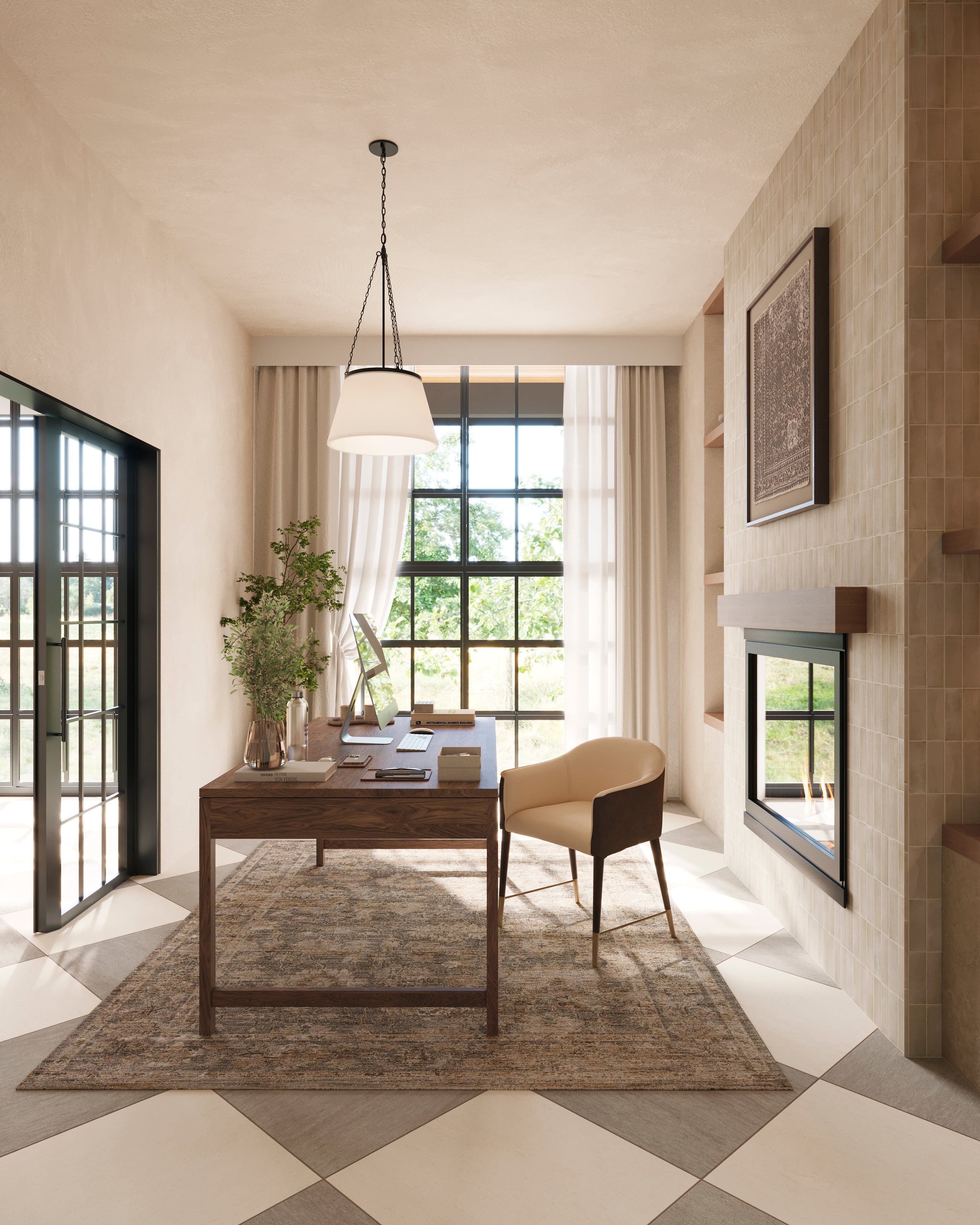 Checkerboard porcelain floor tile in a matte finish with a smooth, lightly textured surface, featuring a warm off-white and medium gray color combination with subtle natural variation, shown in a home office with a desk and fireplace.
