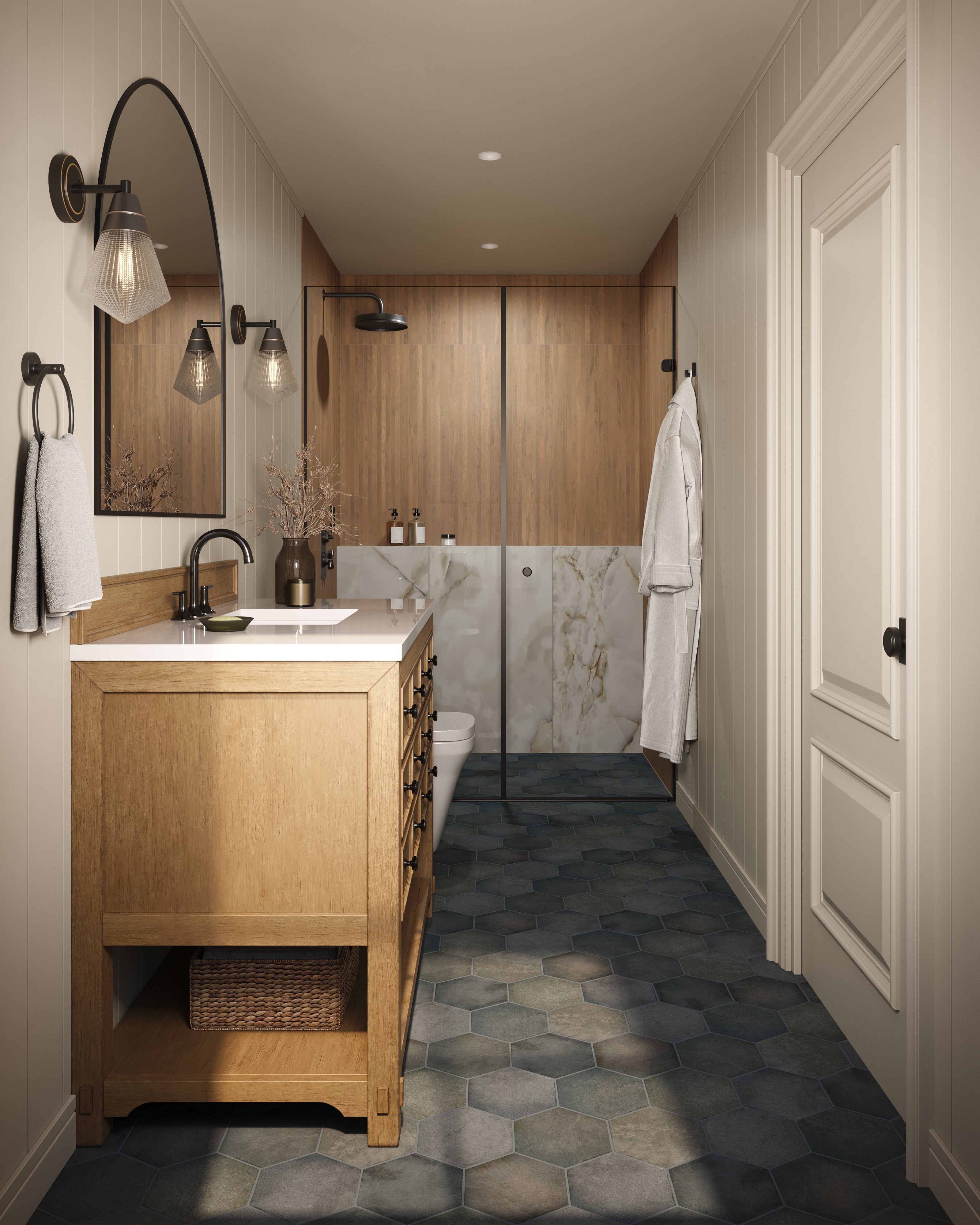romanmade マザー　ブルーシャッドアルミ貼り Juliet 7x8 Hexagon Matte Porcelain Tile in Denim