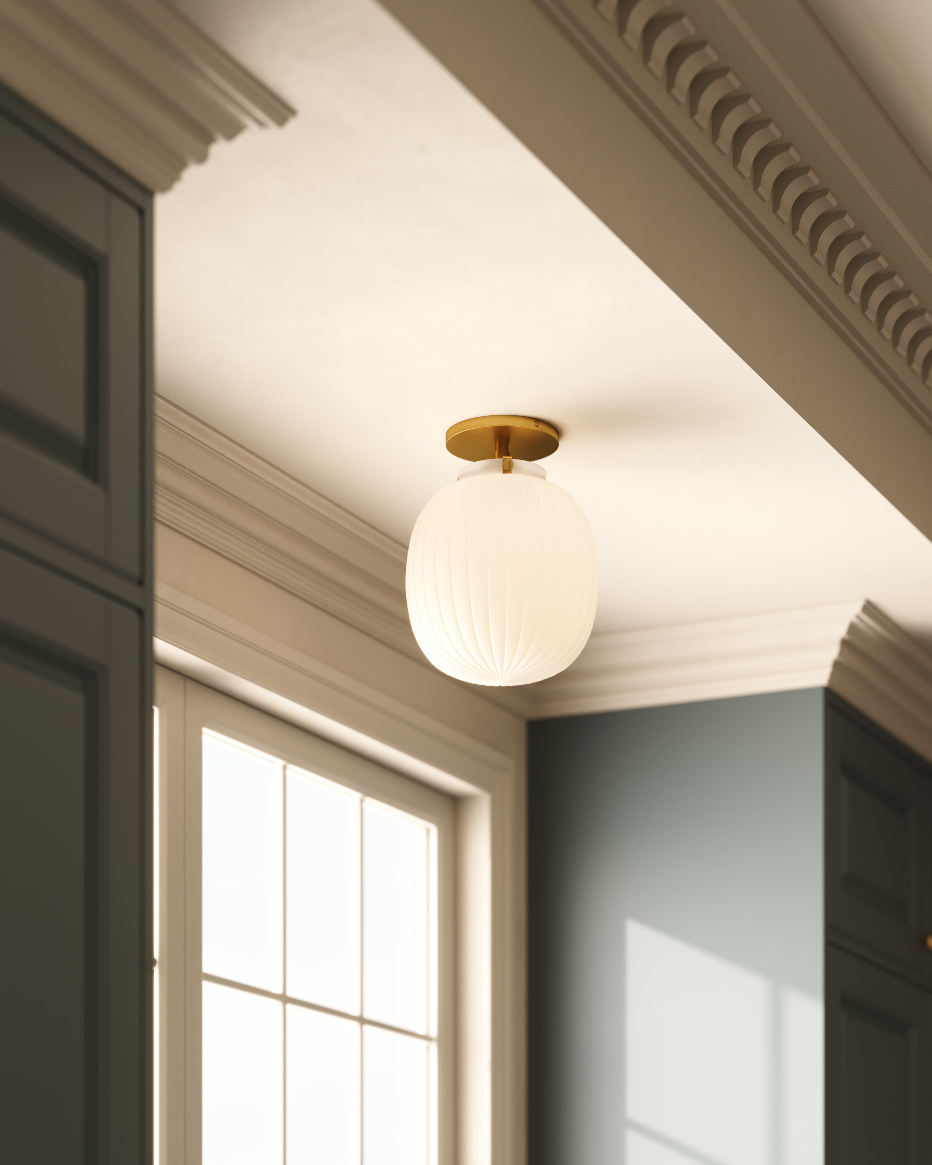 Cheyenne 12" Socket Semi-Flush Mount in Brushed Gold/Glossy Ribbed Opal Glass