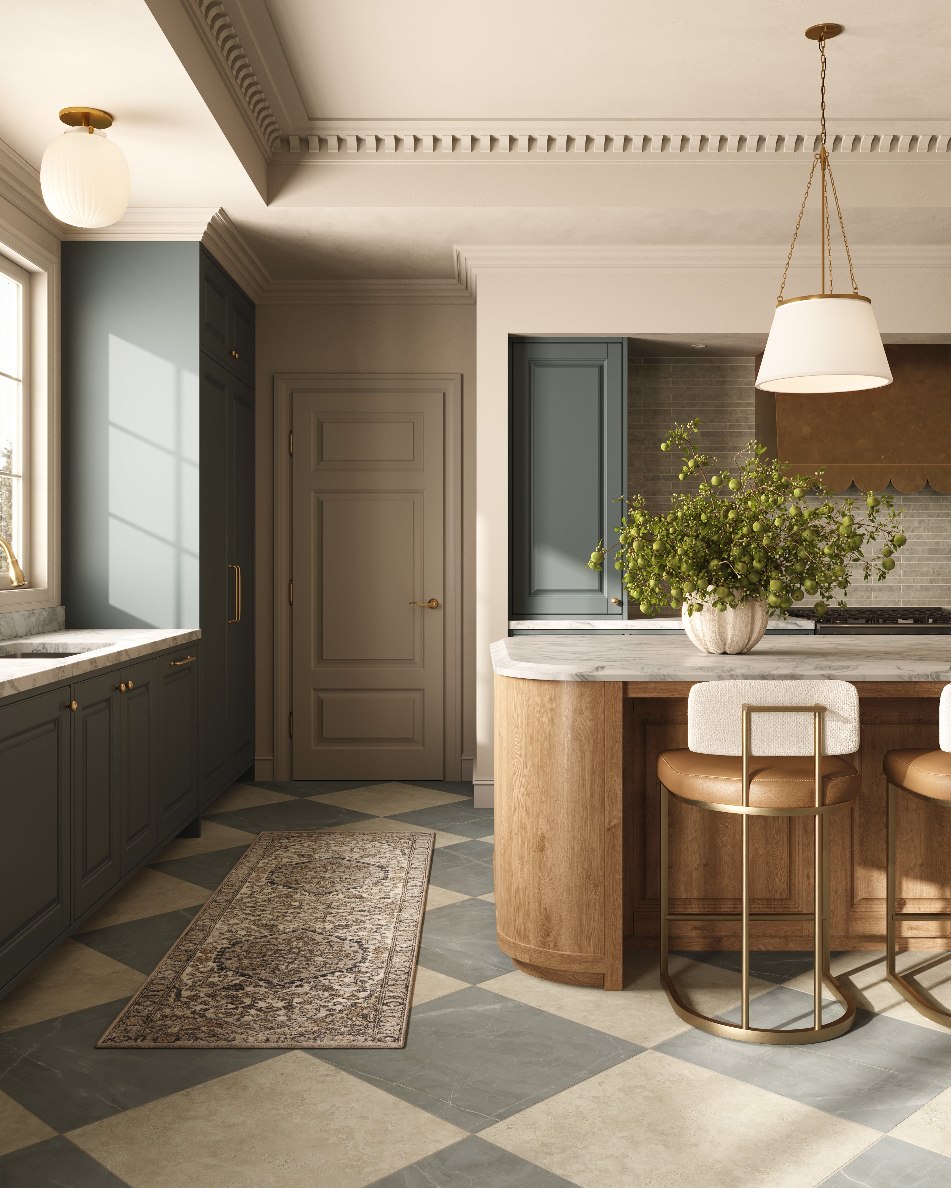Refined kitchen interior featuring a curved wood island with upholstered bar stools, brass pendant lighting, deep green cabinetry, and a classic checkerboard tile floor.