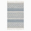 Hand loomed wool area rug, featuring intricate blue and ivory geometric patterns with tasseled edges, adding bohemian charm to any space.