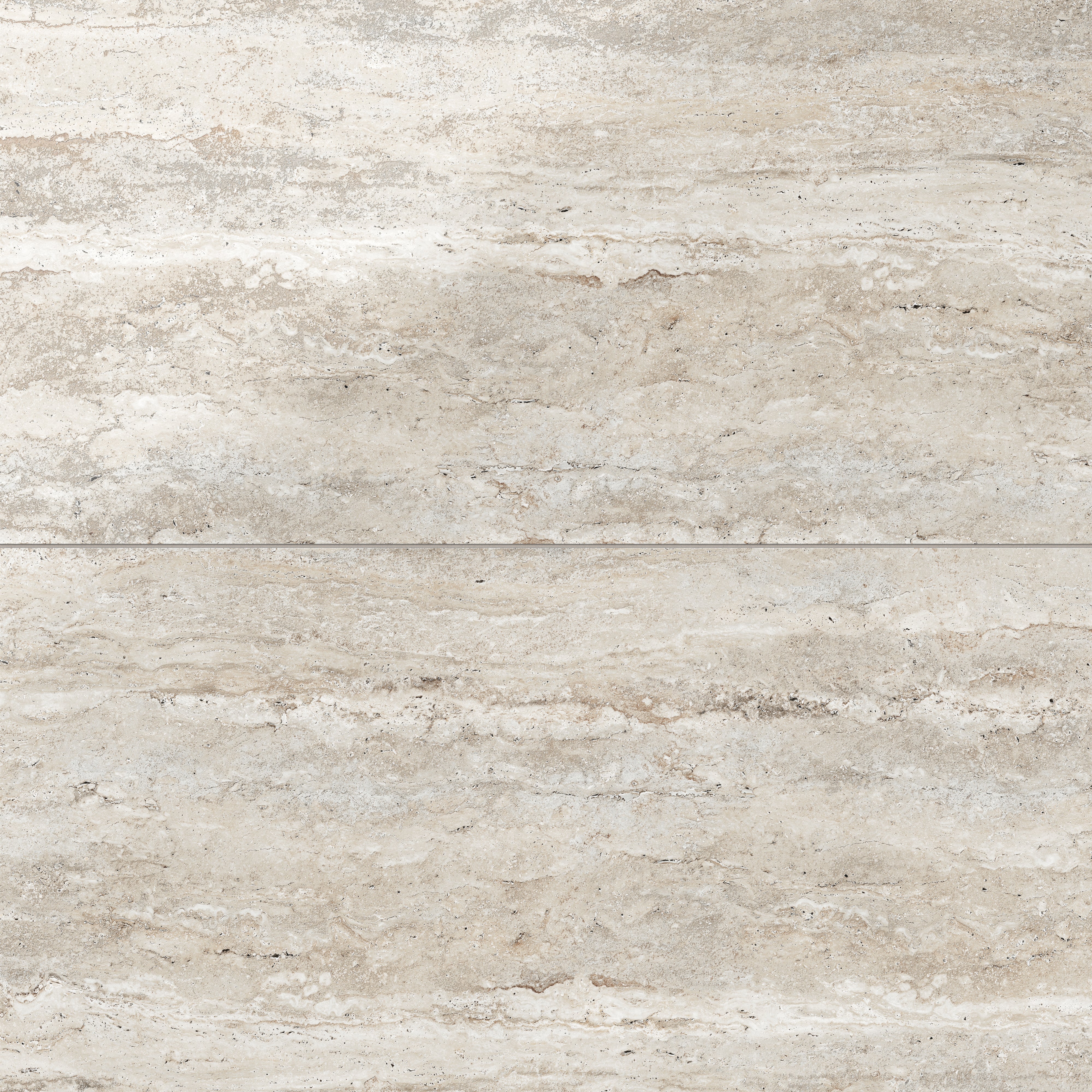 Warm beige travertine-look porcelain 24x48 polished tile with subtle layered veining, gentle movement, and a luminous stone look.