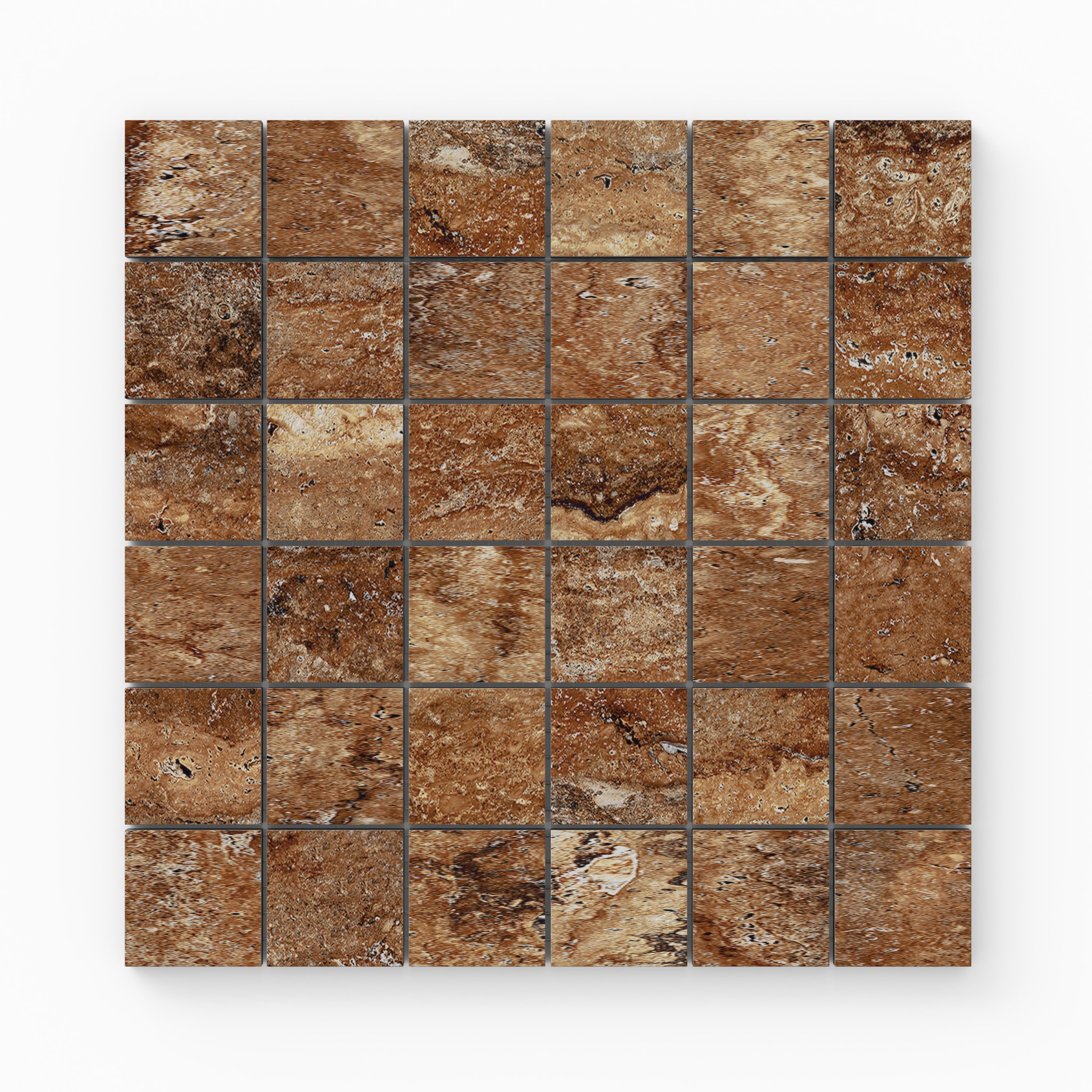 Brown travertine-look porcelain 2x2 matte mosaic tile with rich earthy tones, varied stone patterning, and natural surface texture.