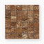 Brown travertine-look porcelain 2x2 matte mosaic tile with rich earthy tones, varied stone patterning, and natural surface texture.