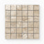 Neutral beige travertine-look porcelain 2x2 polished mosaic tile showcasing gentle variation, fine texture, and a refined glossy finish.