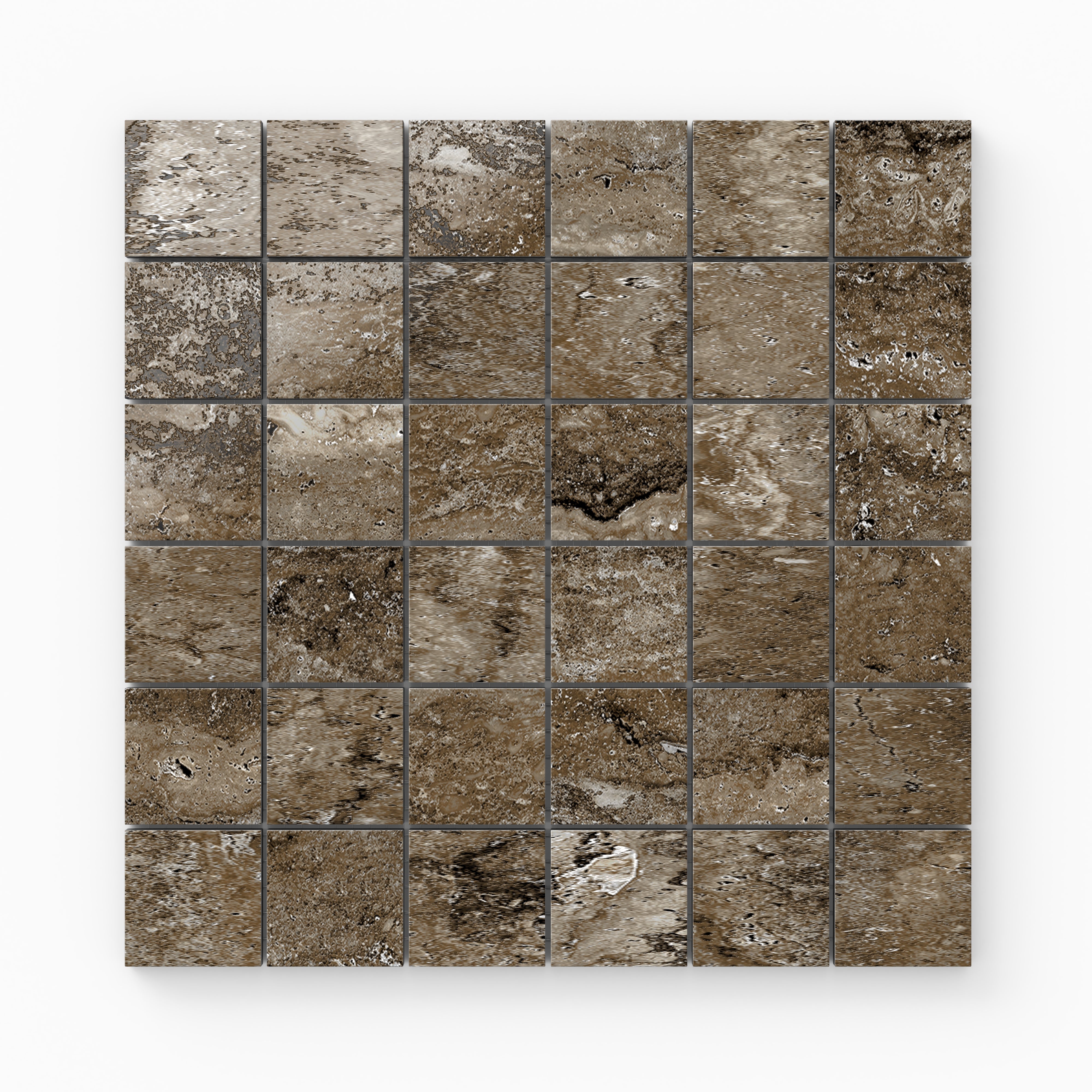 Dark taupe travertine-look porcelain 2x2 polished mosaic tile featuring deep tonal variation, organic movement, and a reflective surface.