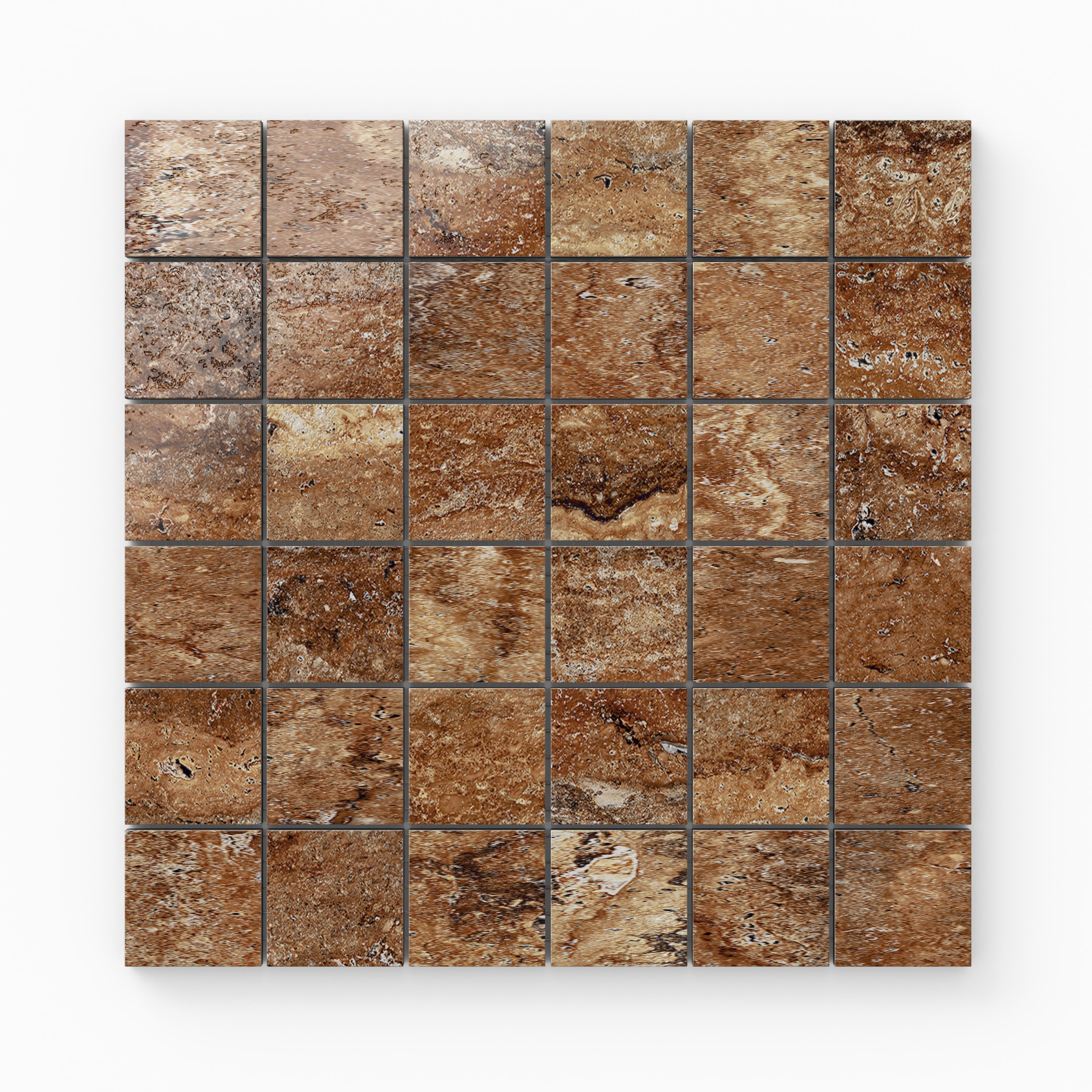 Brown travertine-look porcelain 2x2 polished mosaic tile with rich earthy tones, varied stone patterning, and a glossy finish.