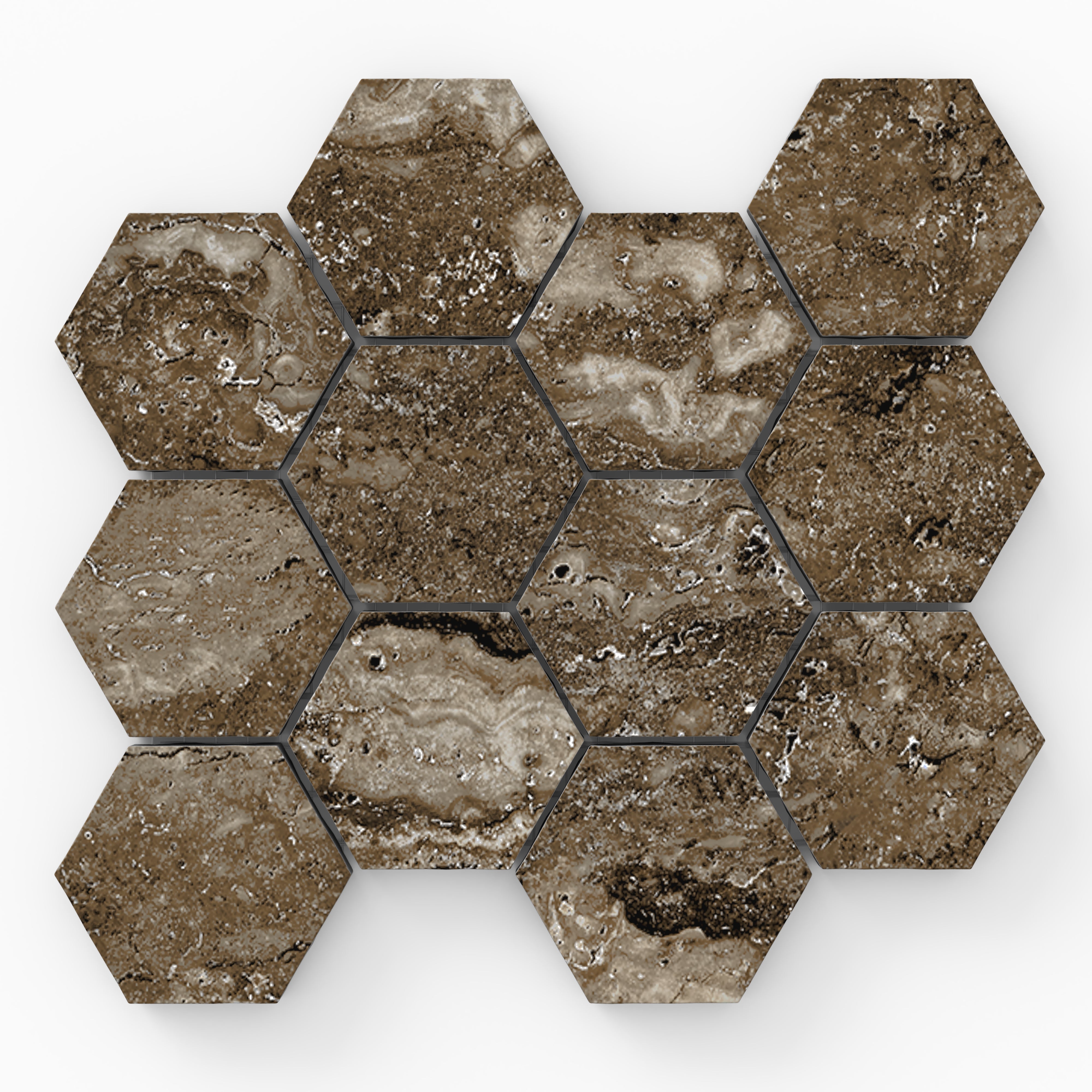 Taupe travertine-look porcelain 3x3 hex mosaic tile in a matte finish, showcasing layered mineral texture and soft tonal movement.