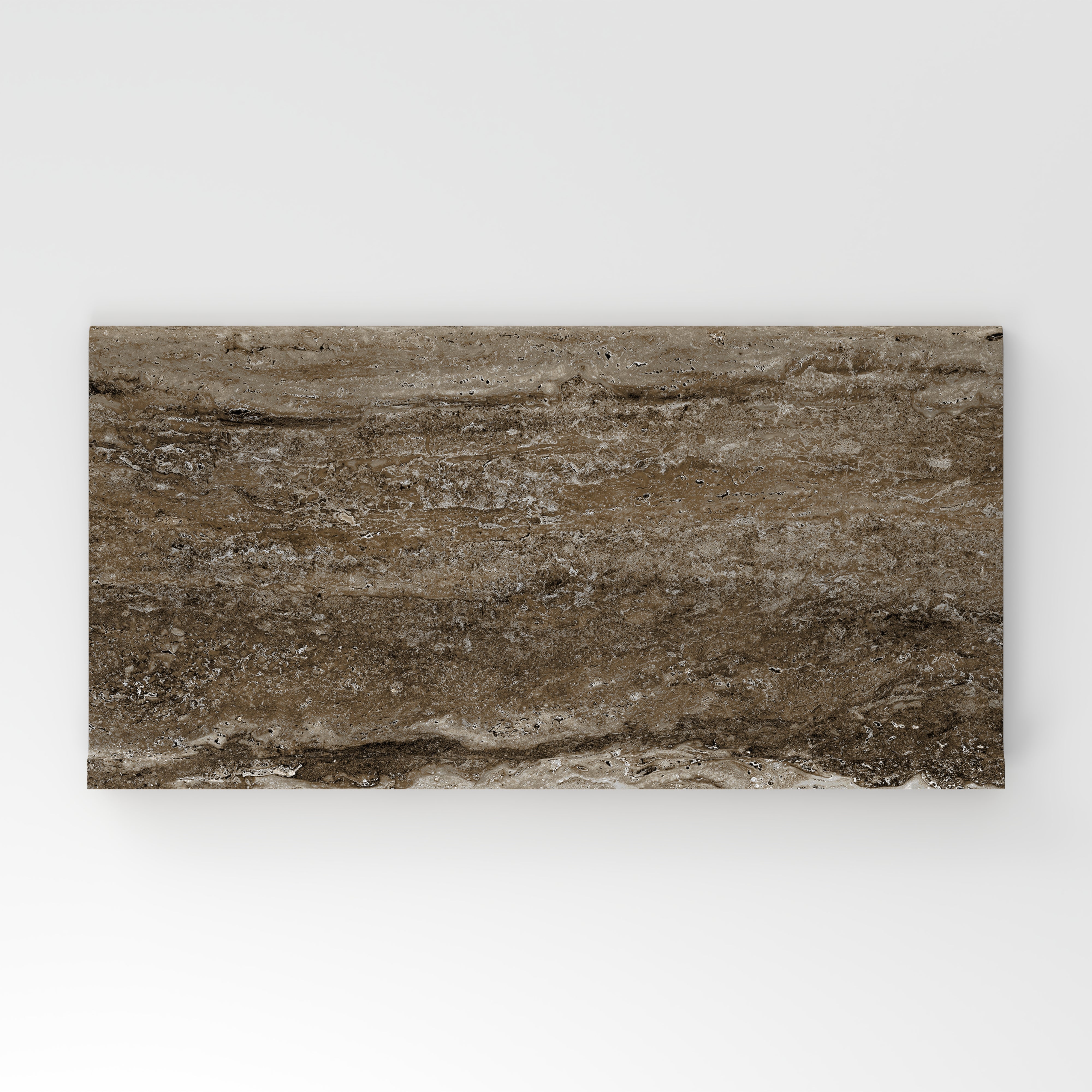 Dark taupe travertine-look porcelain 6x12 cove base tile featuring deep tonal variation, horizontal veining, and a natural stone look.