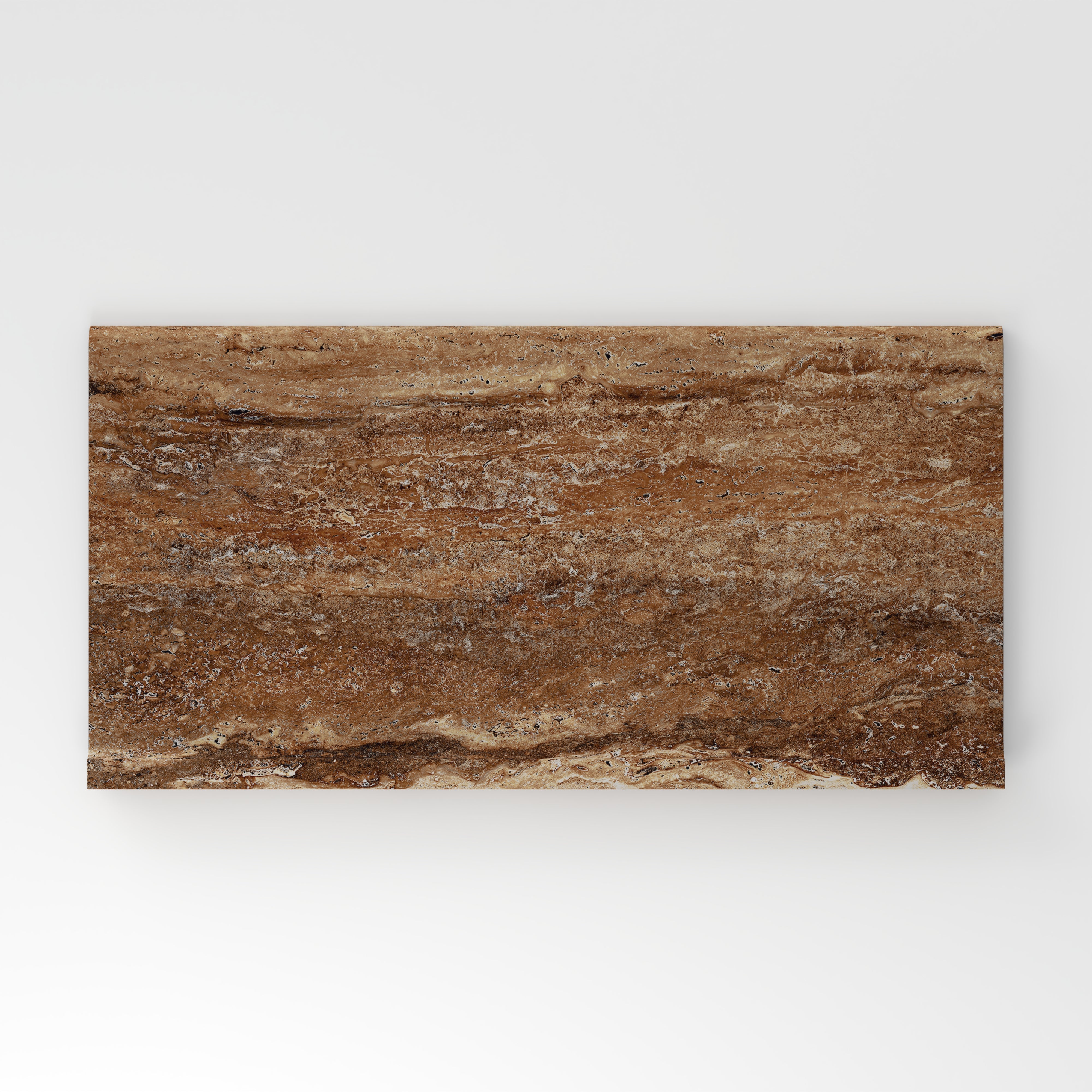 Brown travertine-look porcelain 6x12 cove base tile with rich earthy tones, layered linear veining, and a realistic stone texture.