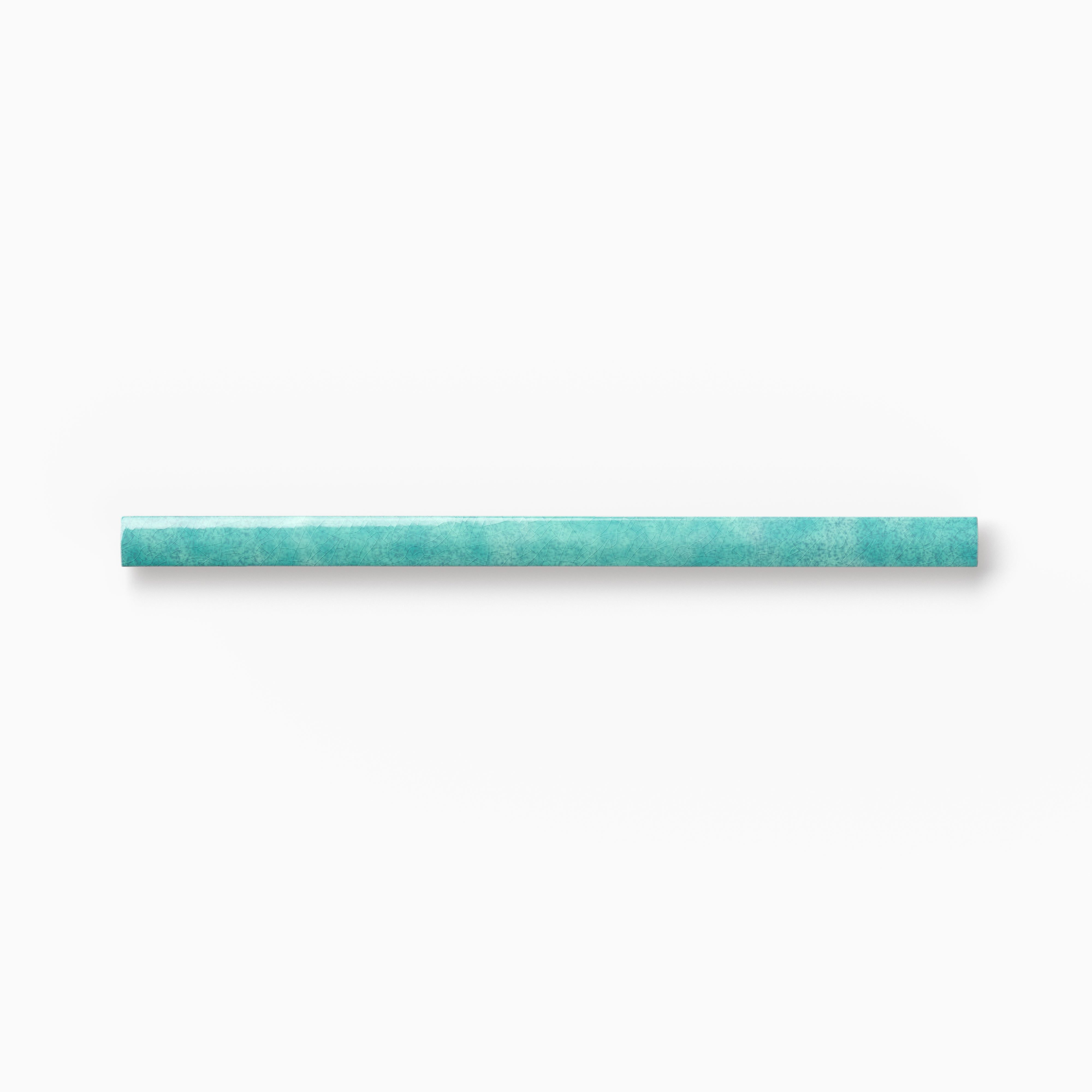 Turquoise trim tile with soft tonal variation, a rounded bullnose profile, and handcrafted surface detailing displayed against a white background.