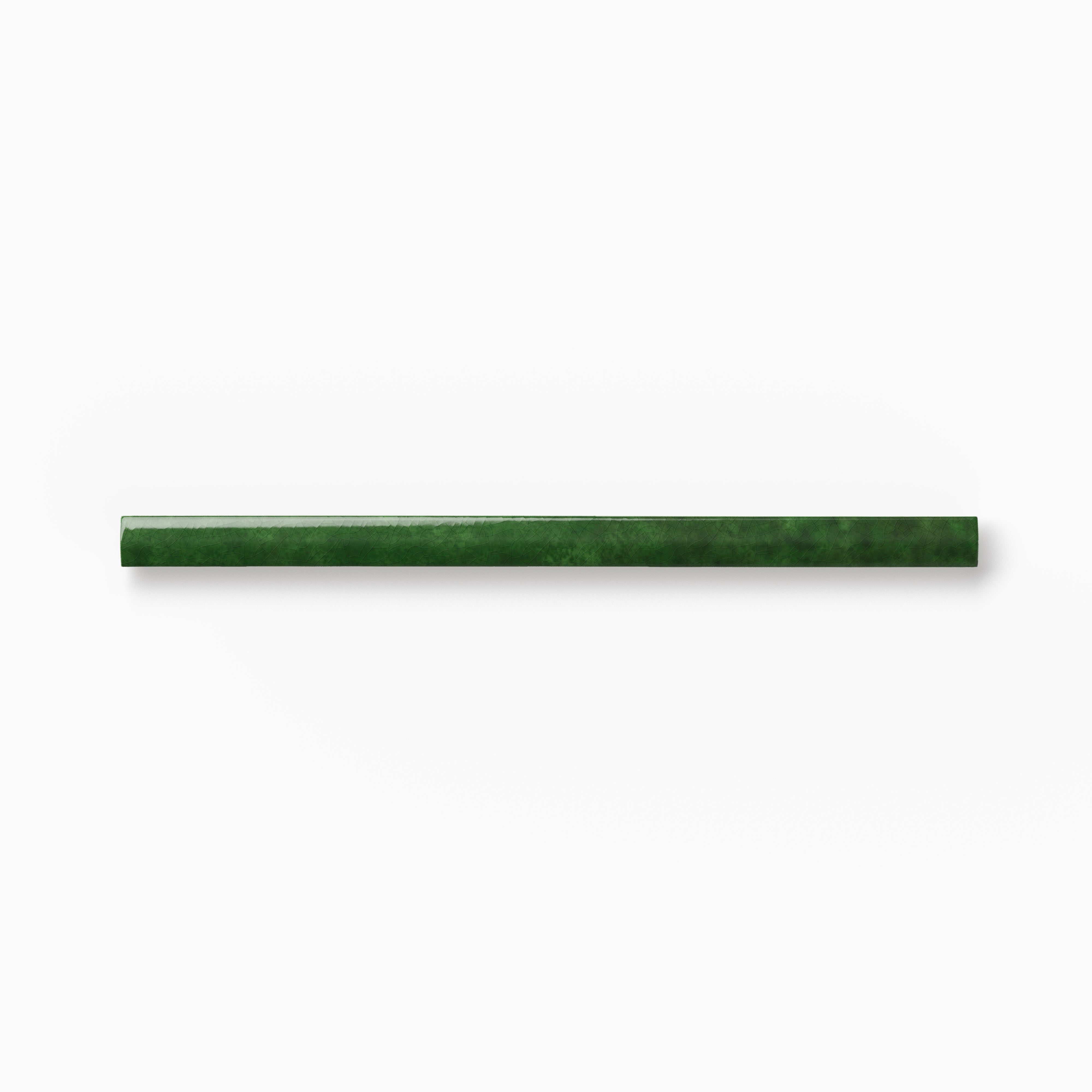 Slim green ceramic rounded edge trim with organic tonal depth, a lustrous glazed surface, and a gently curved profile on a white background.