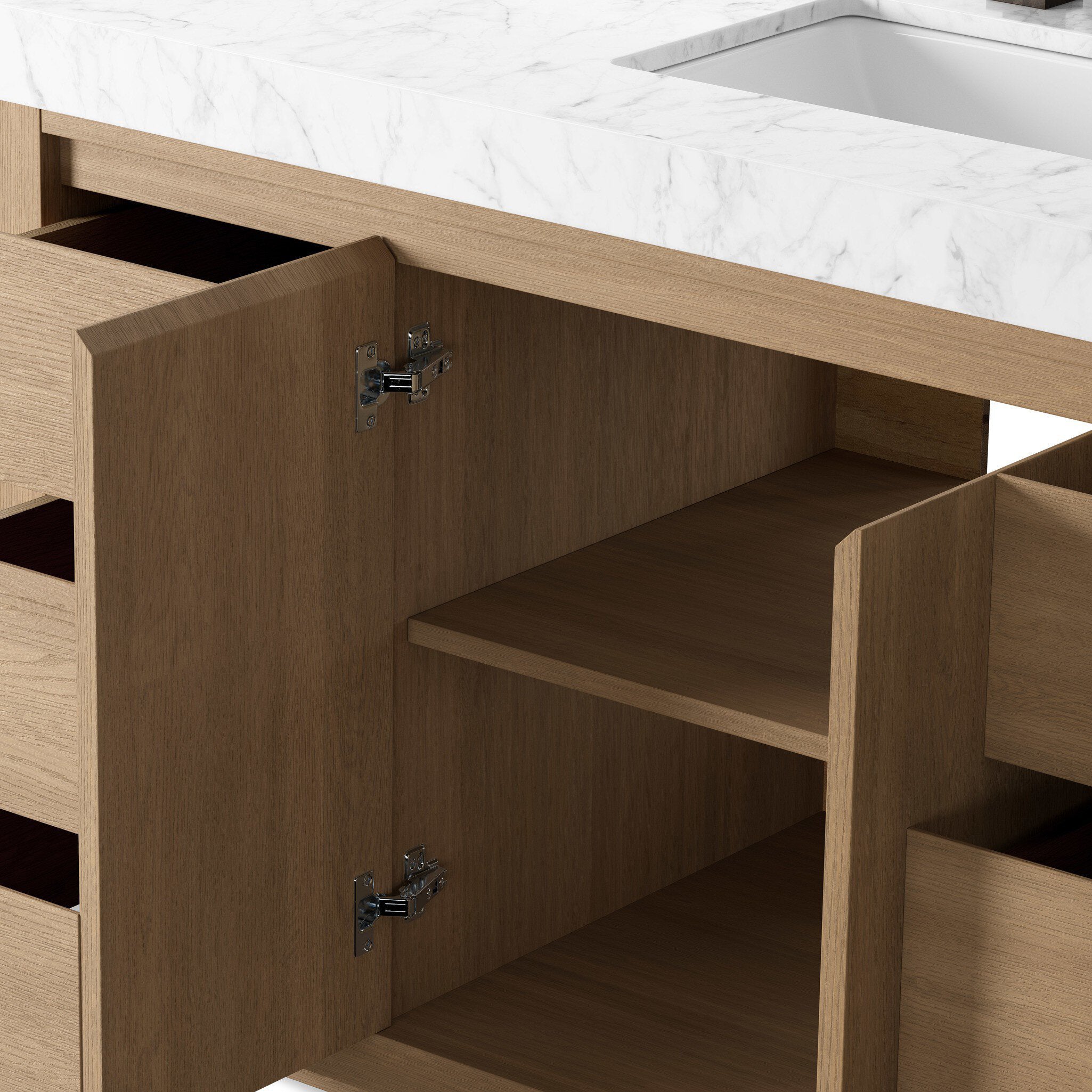 Alisa 55" Single Vanity in Satin Light Wash Oak Veneer with Carrara Marble Top
