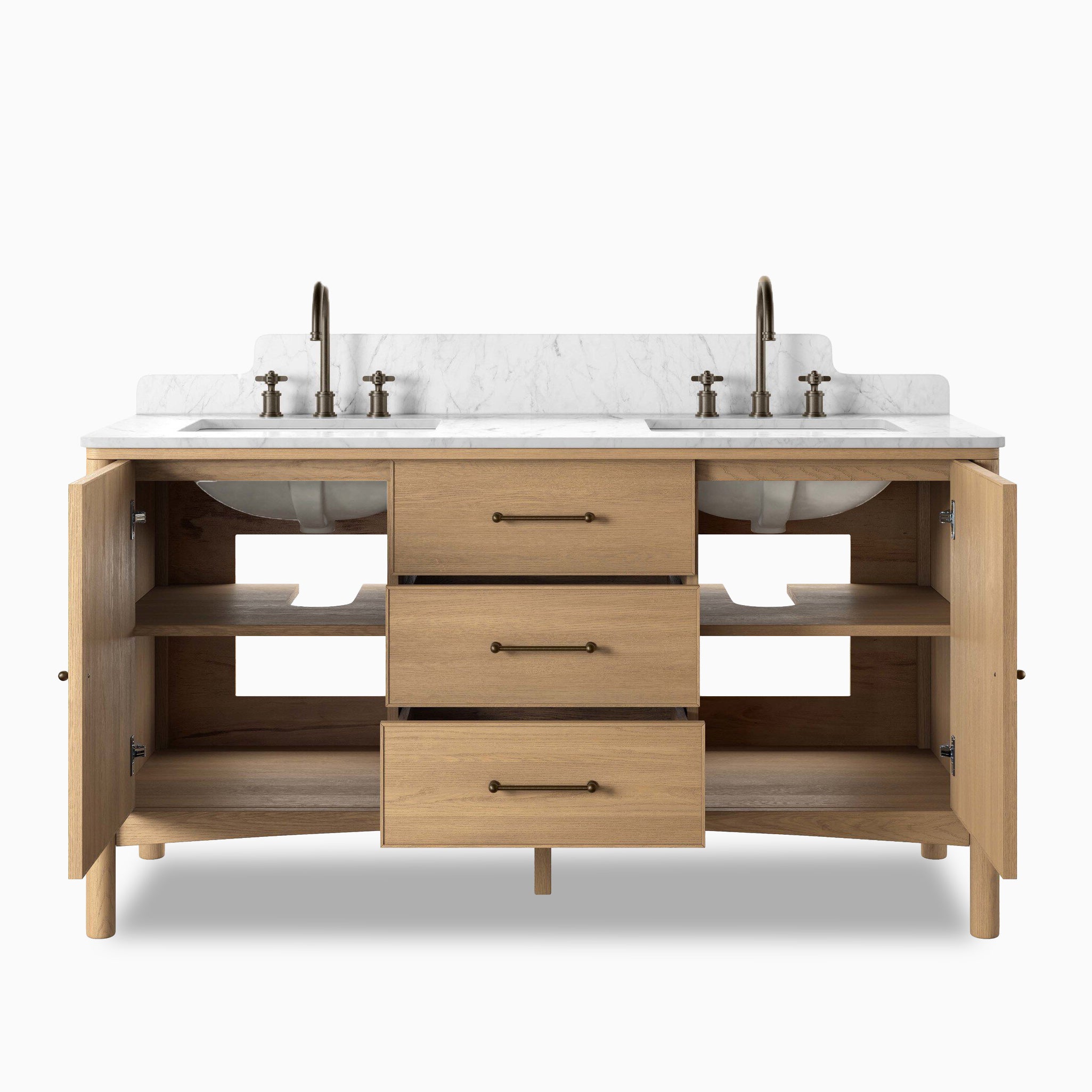 Heidi 60.5" Double Vanity in Satin Light Wash Oak Veneer with Carrara Marble Top