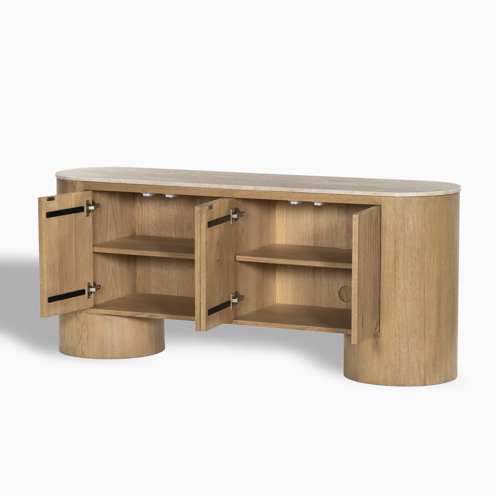 Fannin Media Console in Natural Light Oak Veneer with Natural Travertine Top