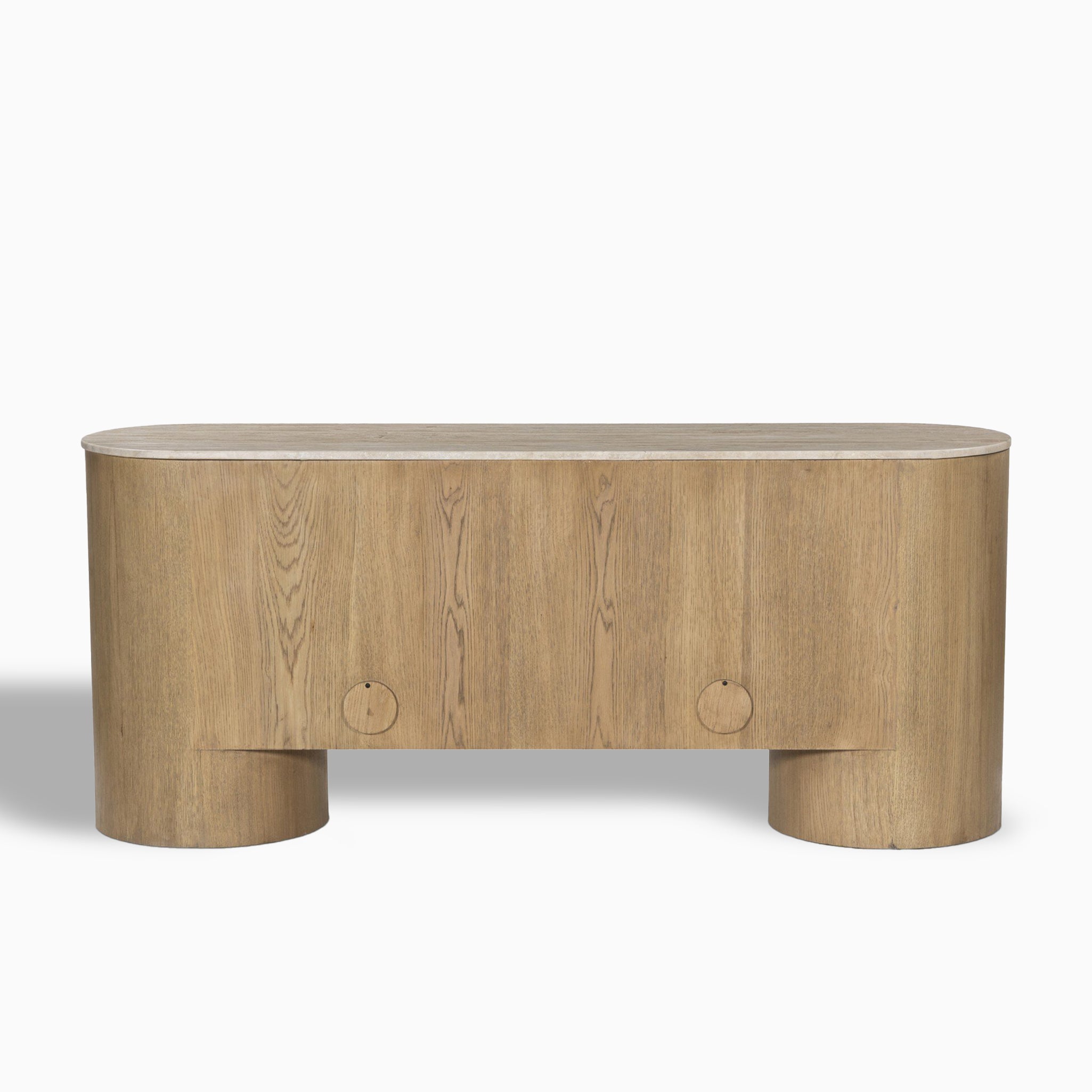 Fannin Media Console in Natural Light Oak Veneer with Natural Travertine Top