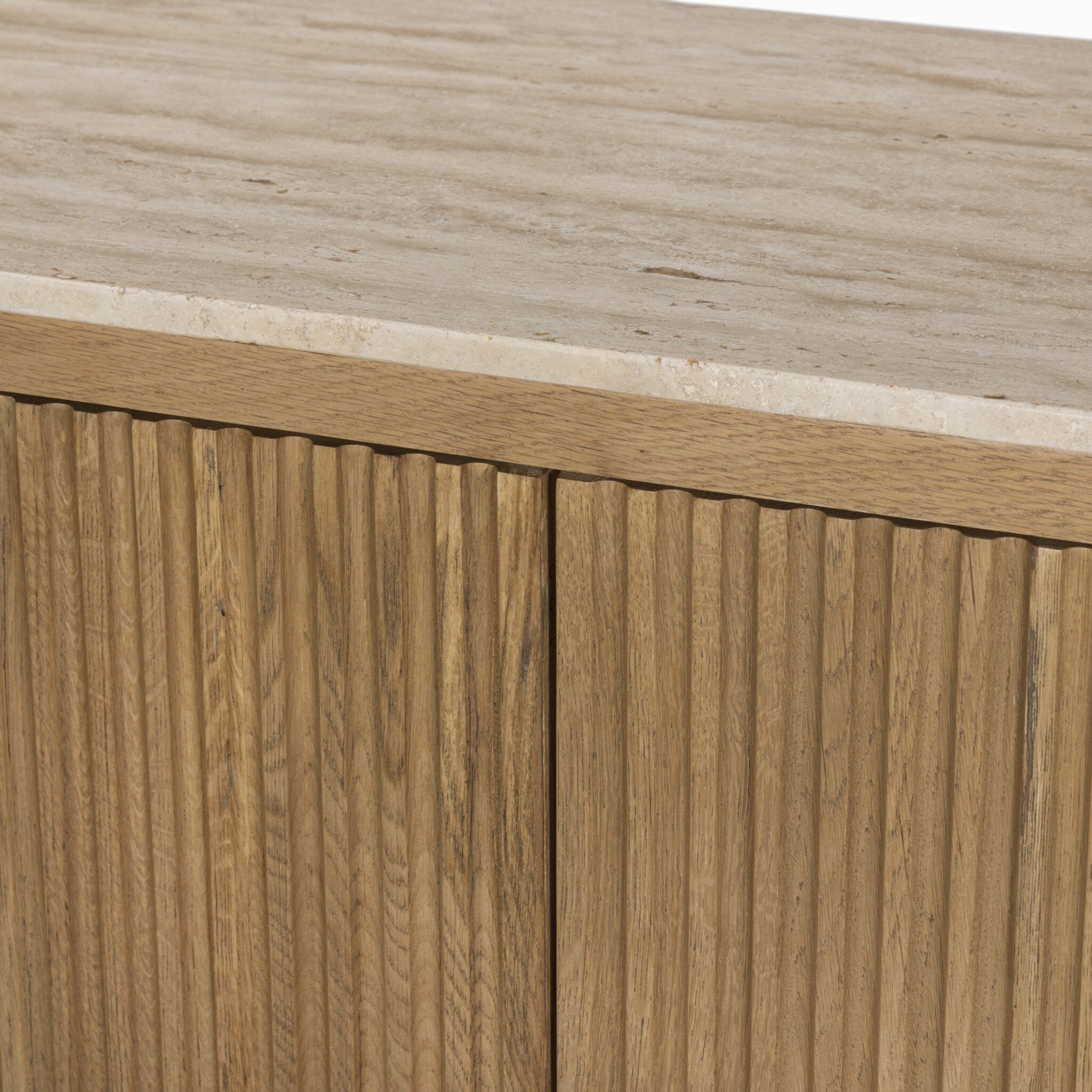 Fannin Media Console in Natural Light Oak Veneer with Natural Travertine Top