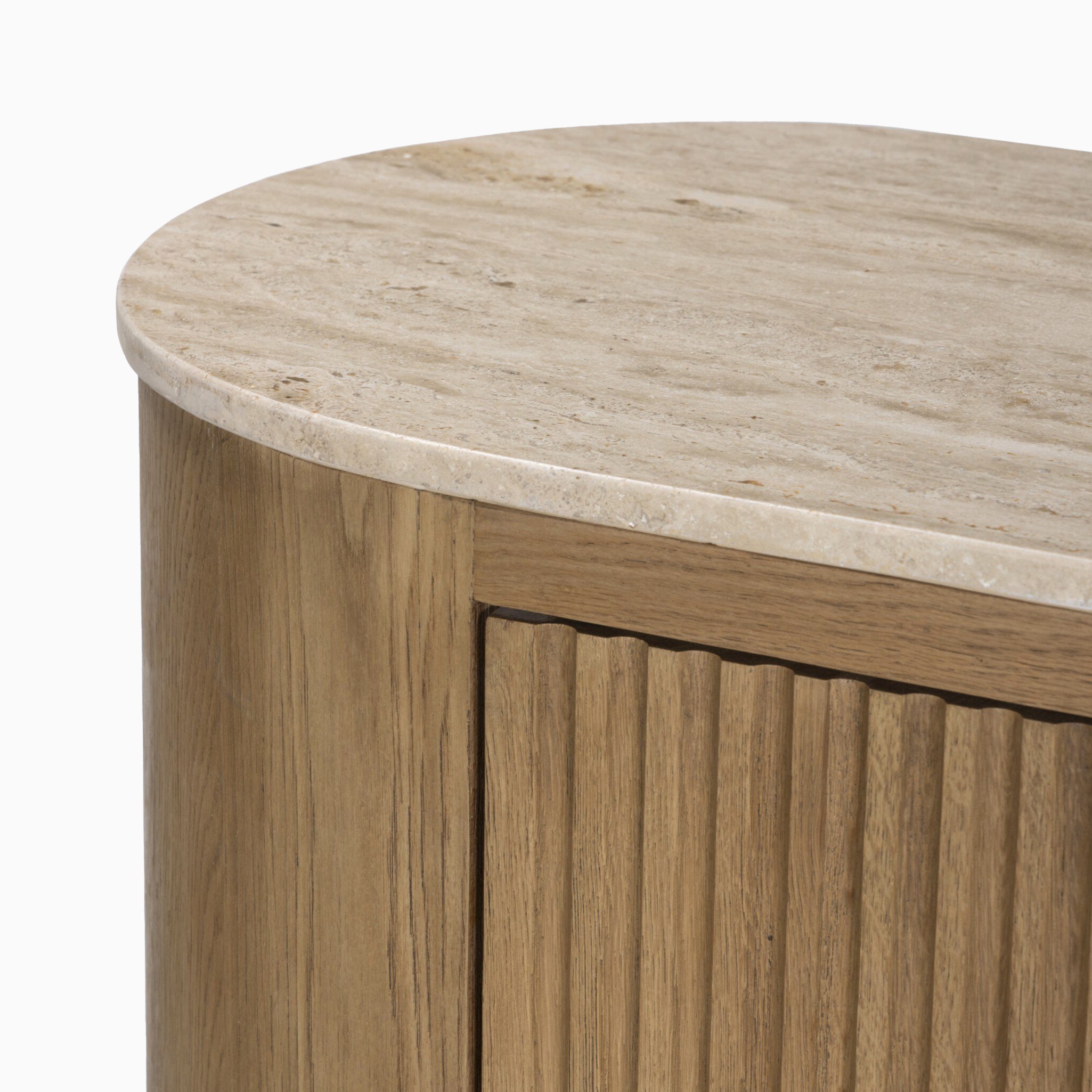 Fannin Media Console in Natural Light Oak Veneer with Natural Travertine Top