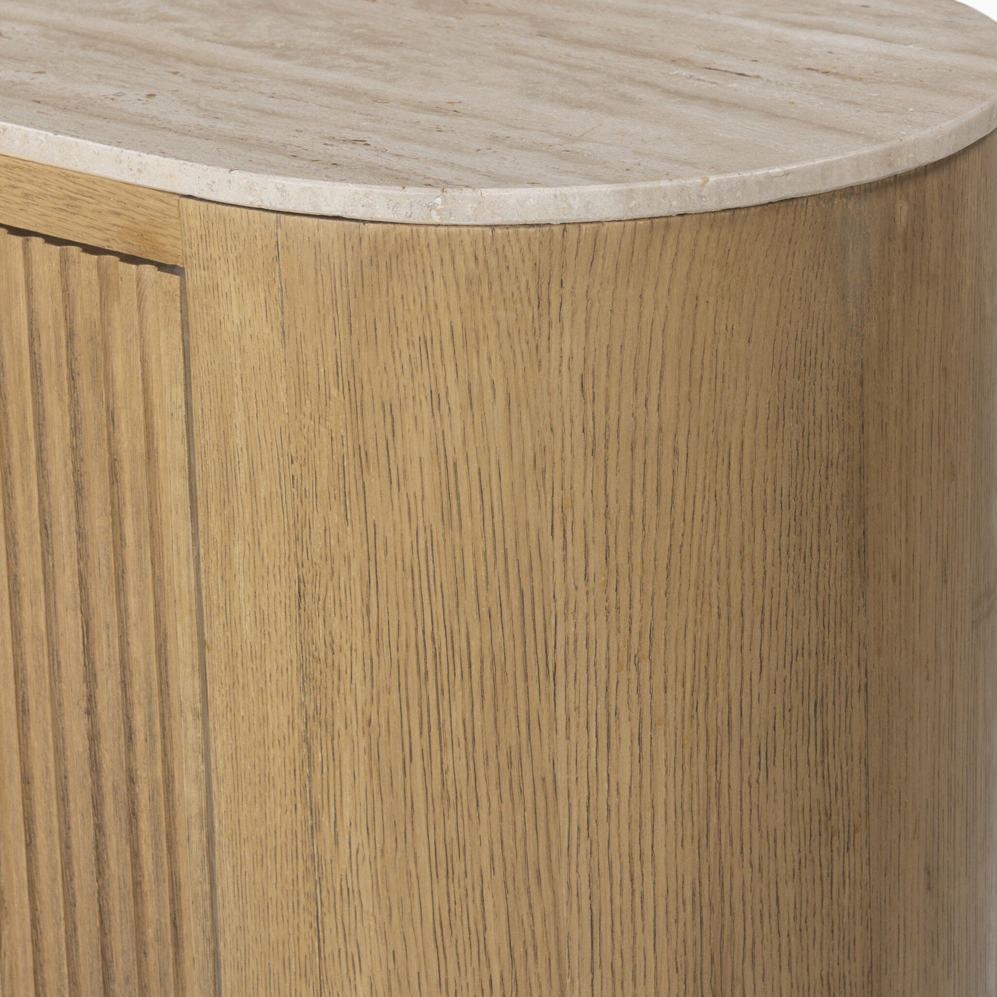 Fannin Media Console in Natural Light Oak Veneer with Natural Travertine Top