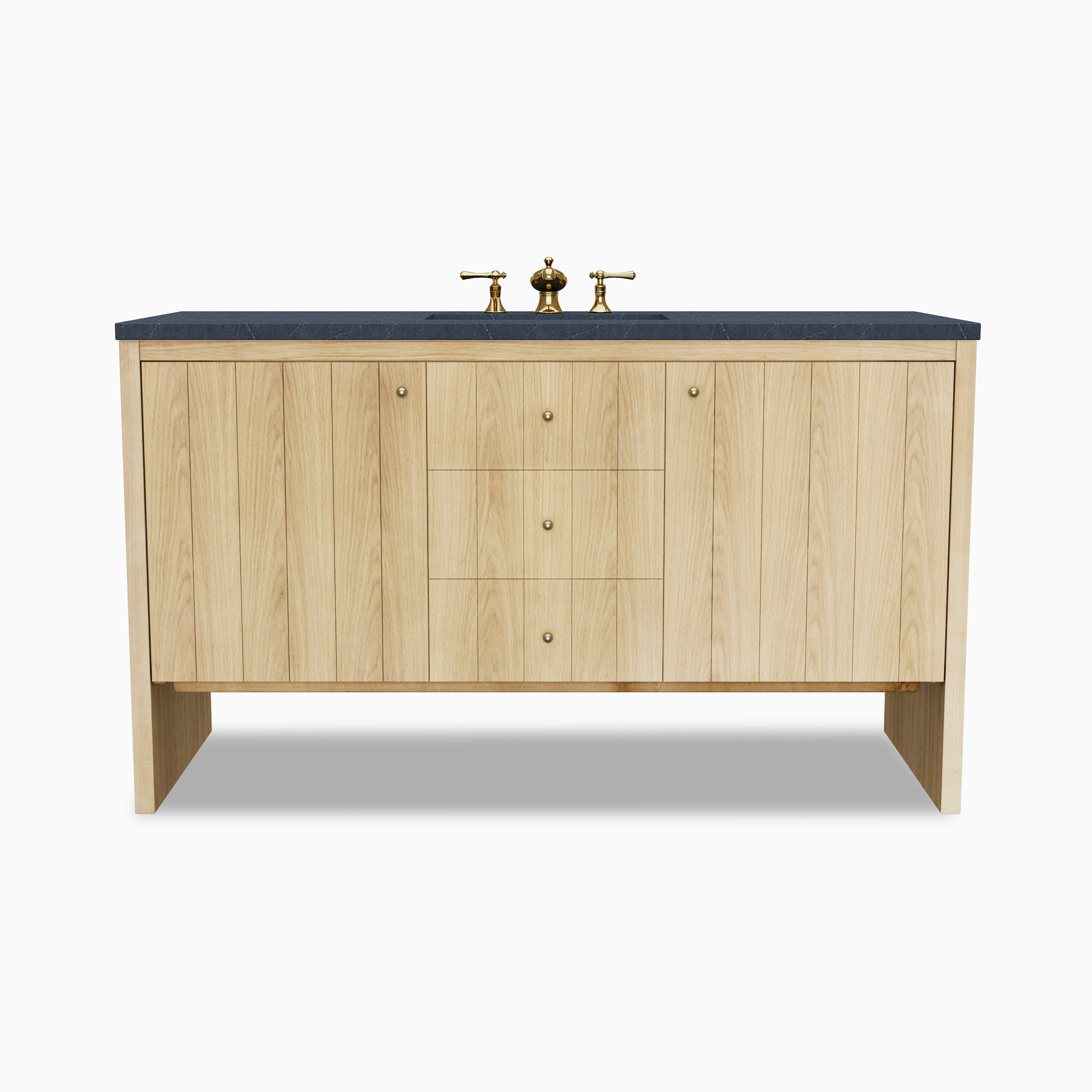 Gabriella 60-inch single vanity in light natural oak with flat panel doors, three centered drawers, brass knobs, open base legs, and a Charcoal Soapstone quartz countertop with integrated sink