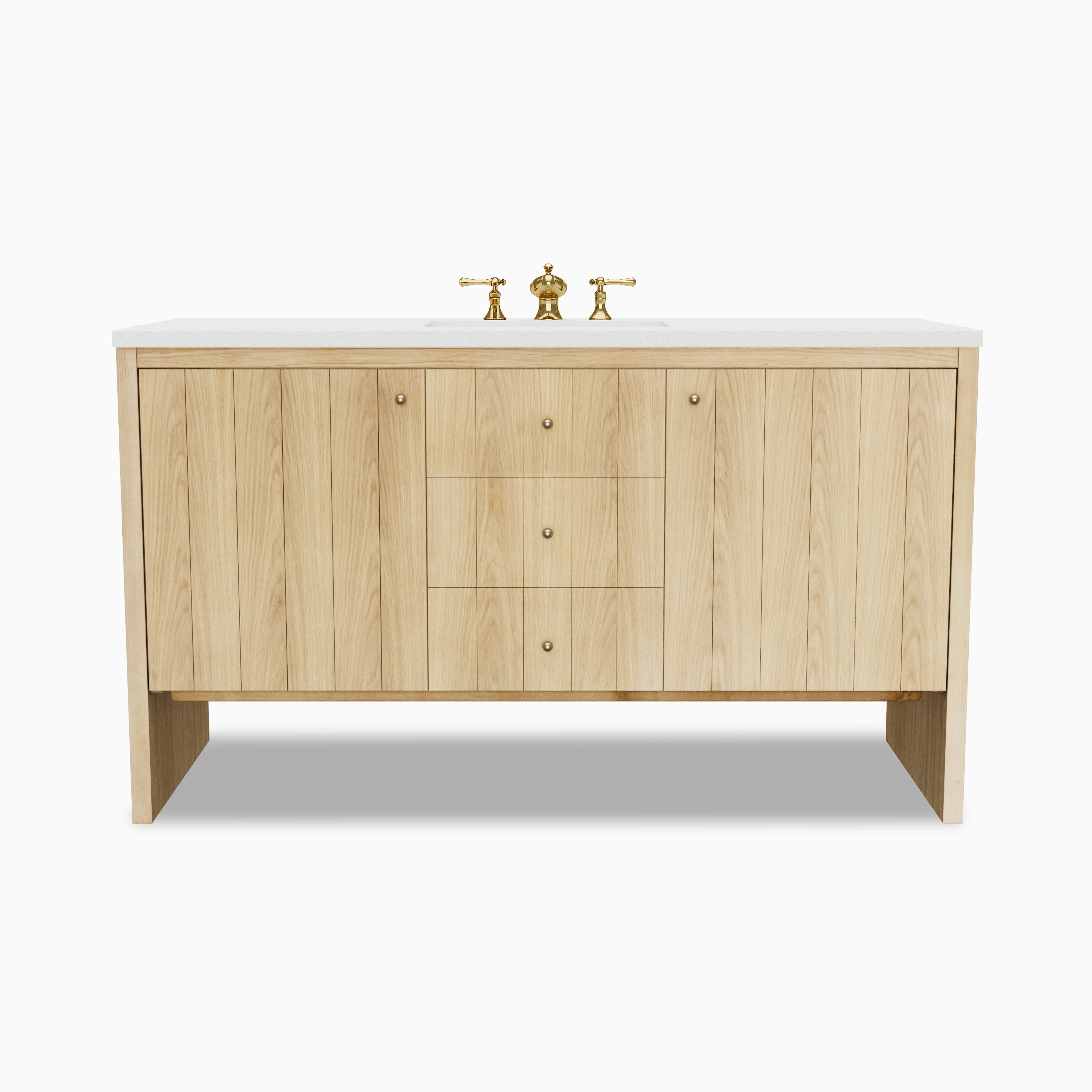 Gabriella 60-inch single vanity in light natural oak with flat panel doors, centered drawers, brass knobs, and a Lime Delight quartz countertop with integrated sink
