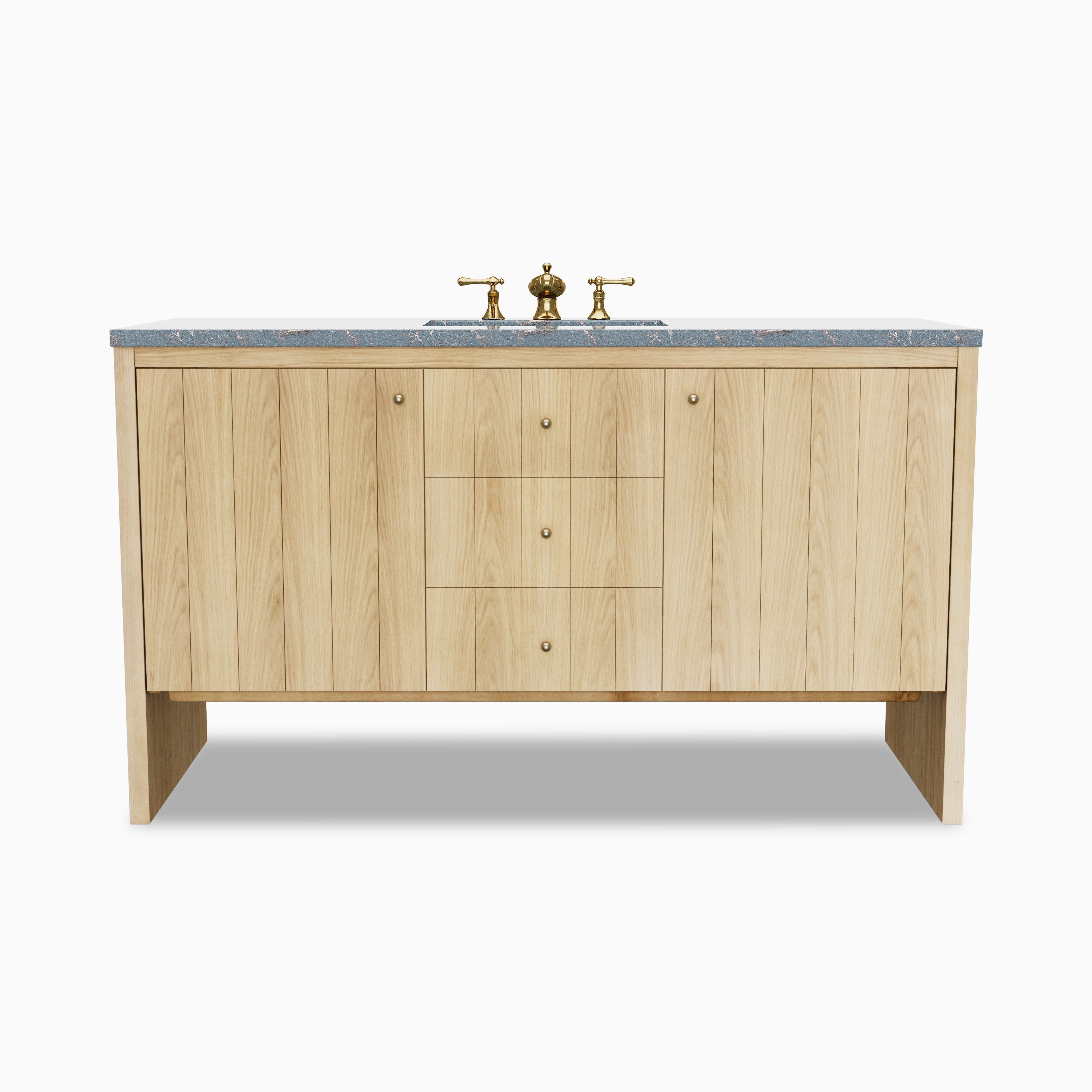 Gabriella 60-inch single vanity in light natural oak with flat panel doors, centered drawers, brass knobs, and a Parisien Bleu quartz countertop with integrated sink