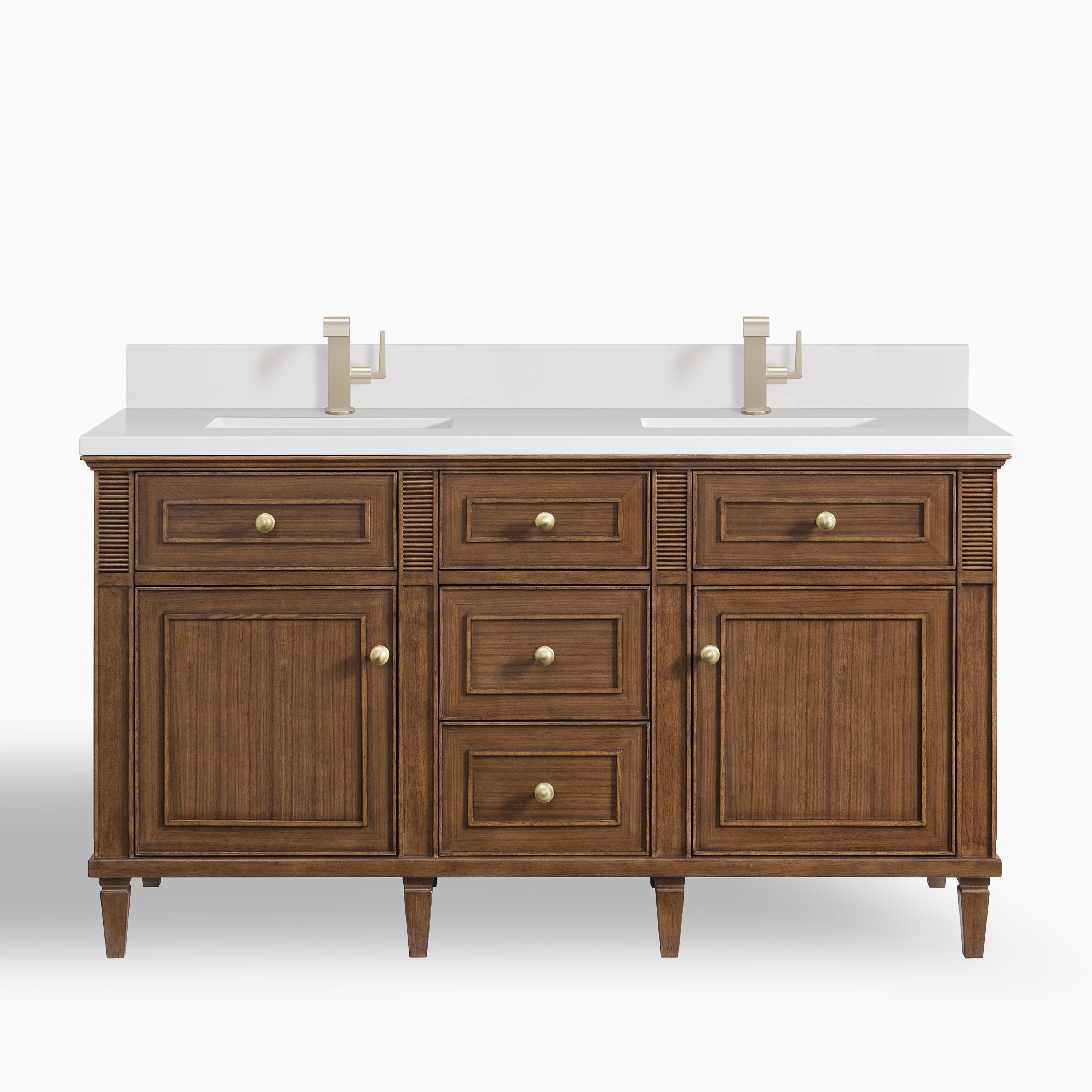 Elodie 60" Double Vanity in Mid-Century Walnut with Single Hole 3 cm White Zeus Quartz Top & Backsplash