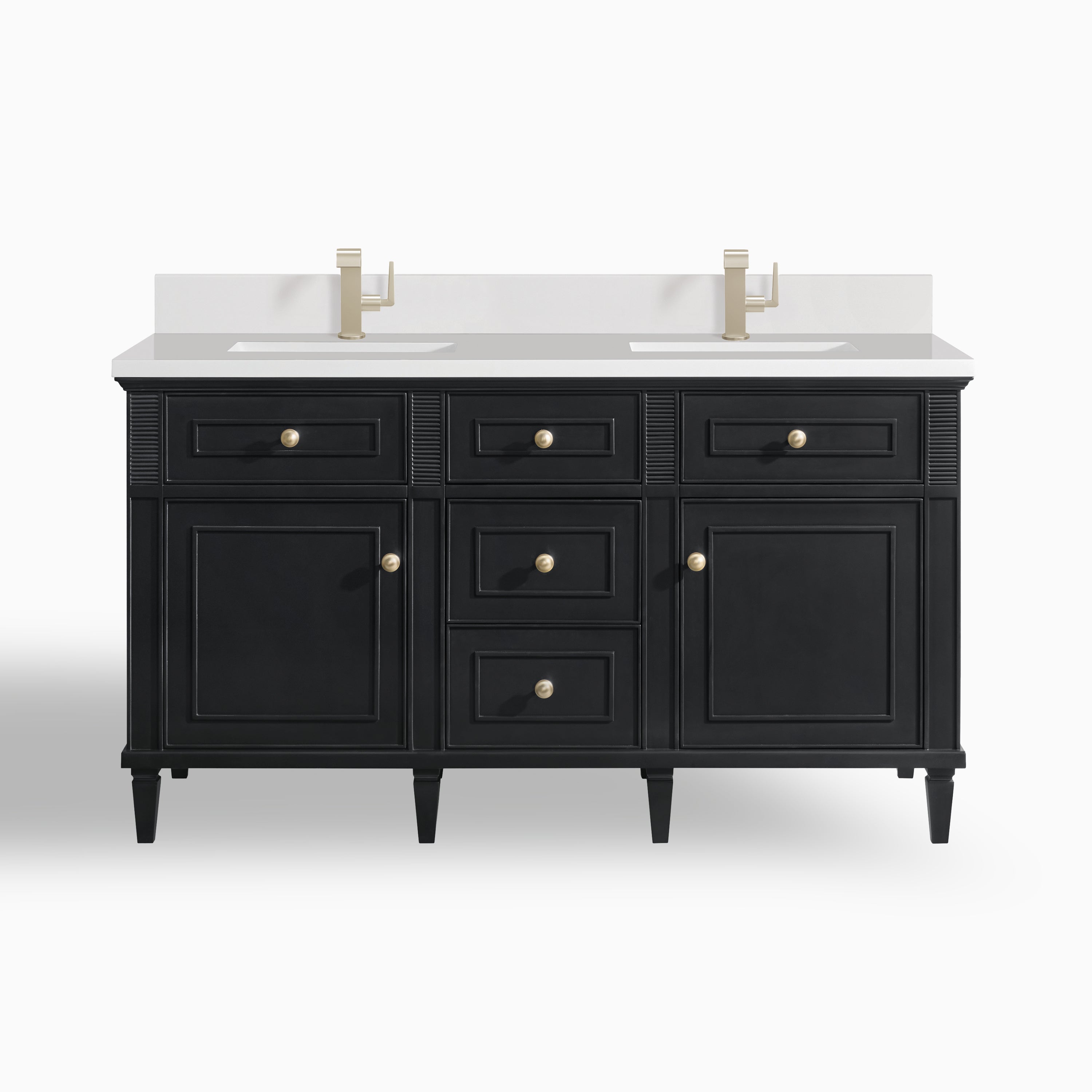 Elodie 60" Double Vanity in Black Onyx with Single Hole 3 cm White Zeus Quartz Top & Backsplash
