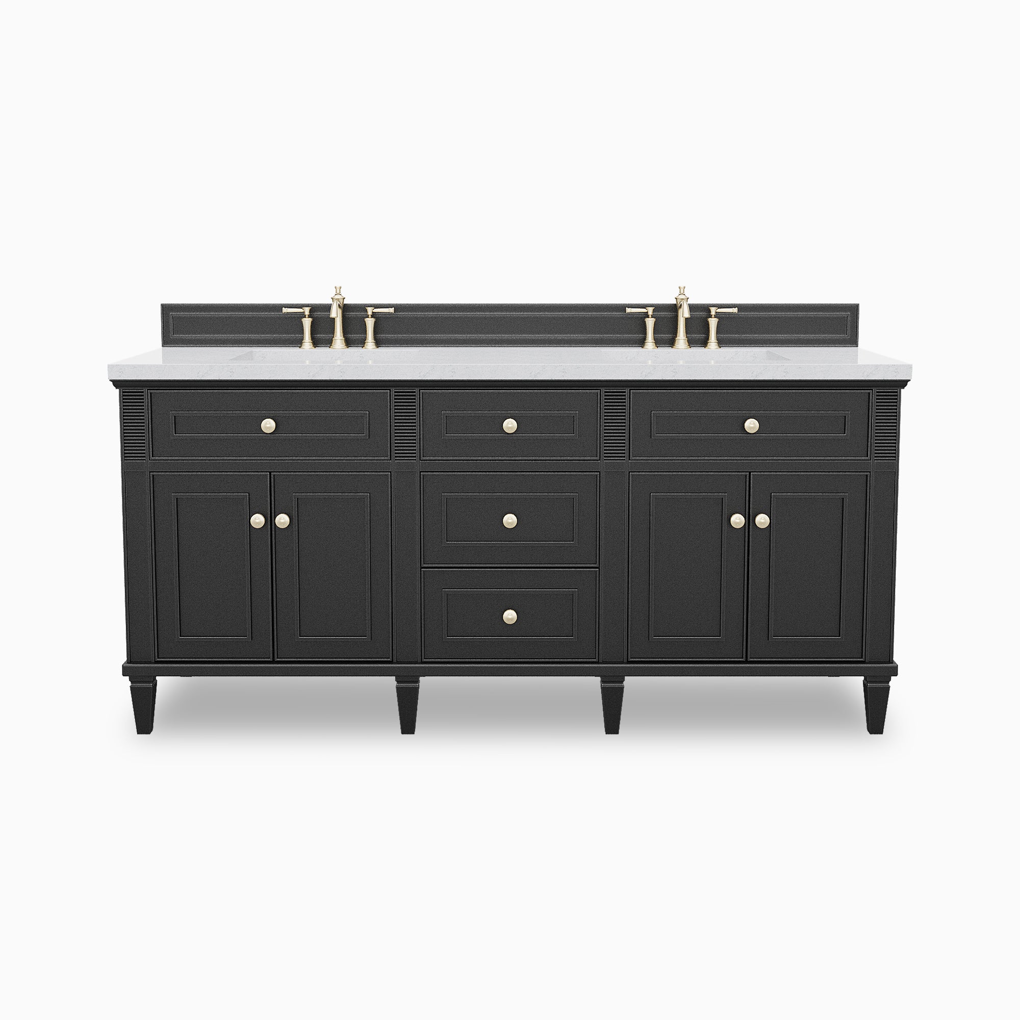Elodie 72-inch double bathroom vanity in black onyx with paneled cabinets, brass knobs, tapered legs, and a Carrara White marble countertop with dual faucets.