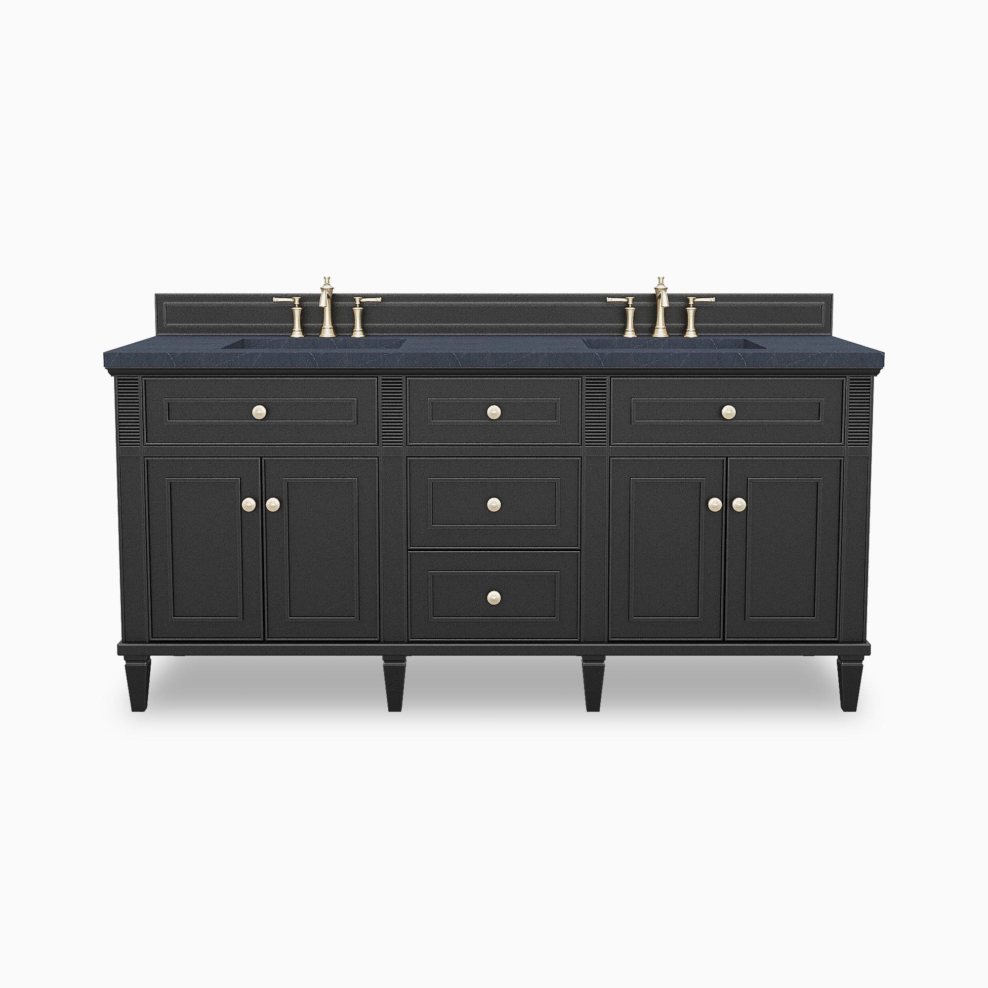 Elodie 72-inch double bathroom vanity in black onyx with paneled cabinets, brass knobs, tapered legs, and a Charcoal Soapstone quartz countertop with dual faucets.