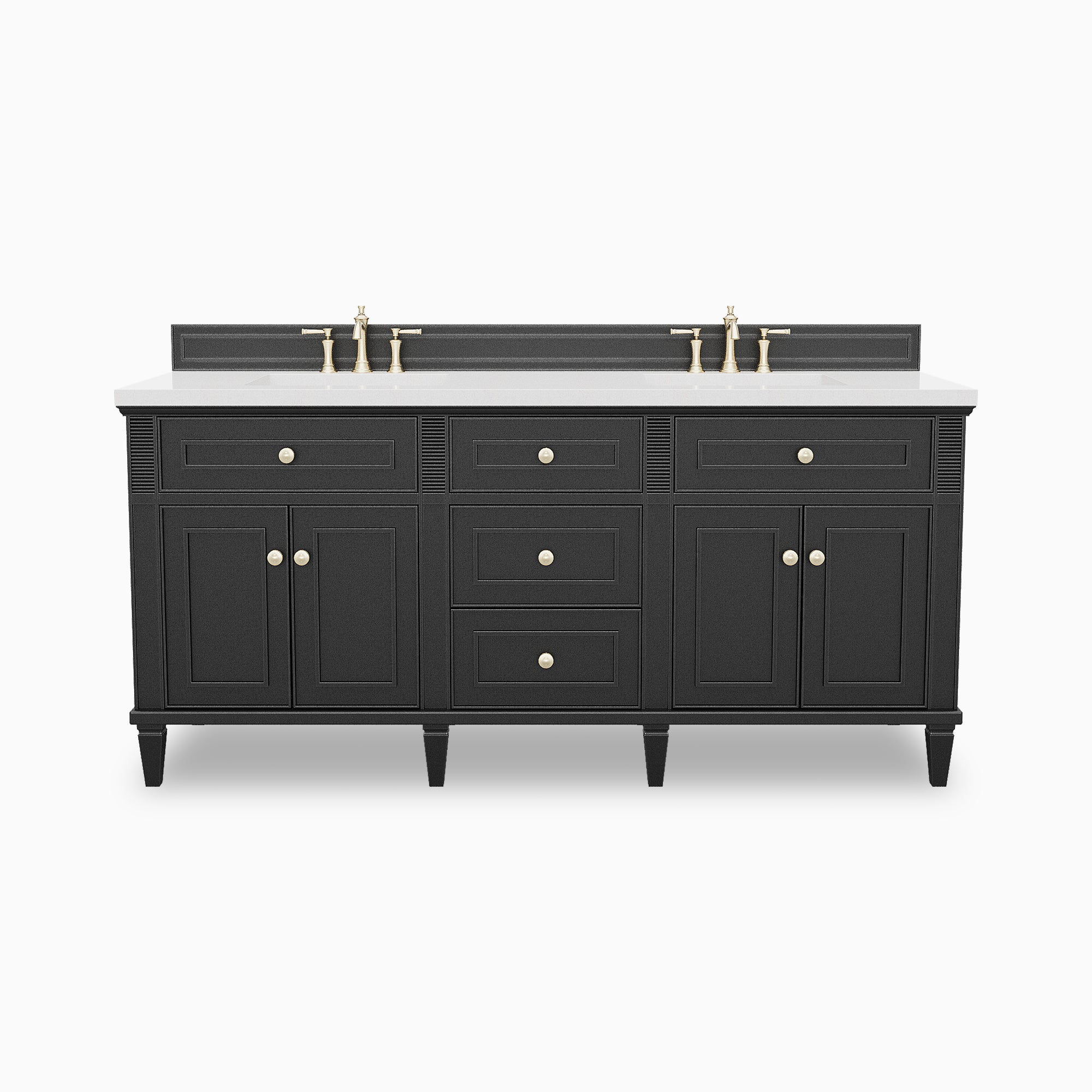 Elodie 72-inch double bathroom vanity in black onyx with paneled cabinets, brass knobs, tapered legs, and an Eternal Jasmine Pearl quartz countertop with dual faucets.