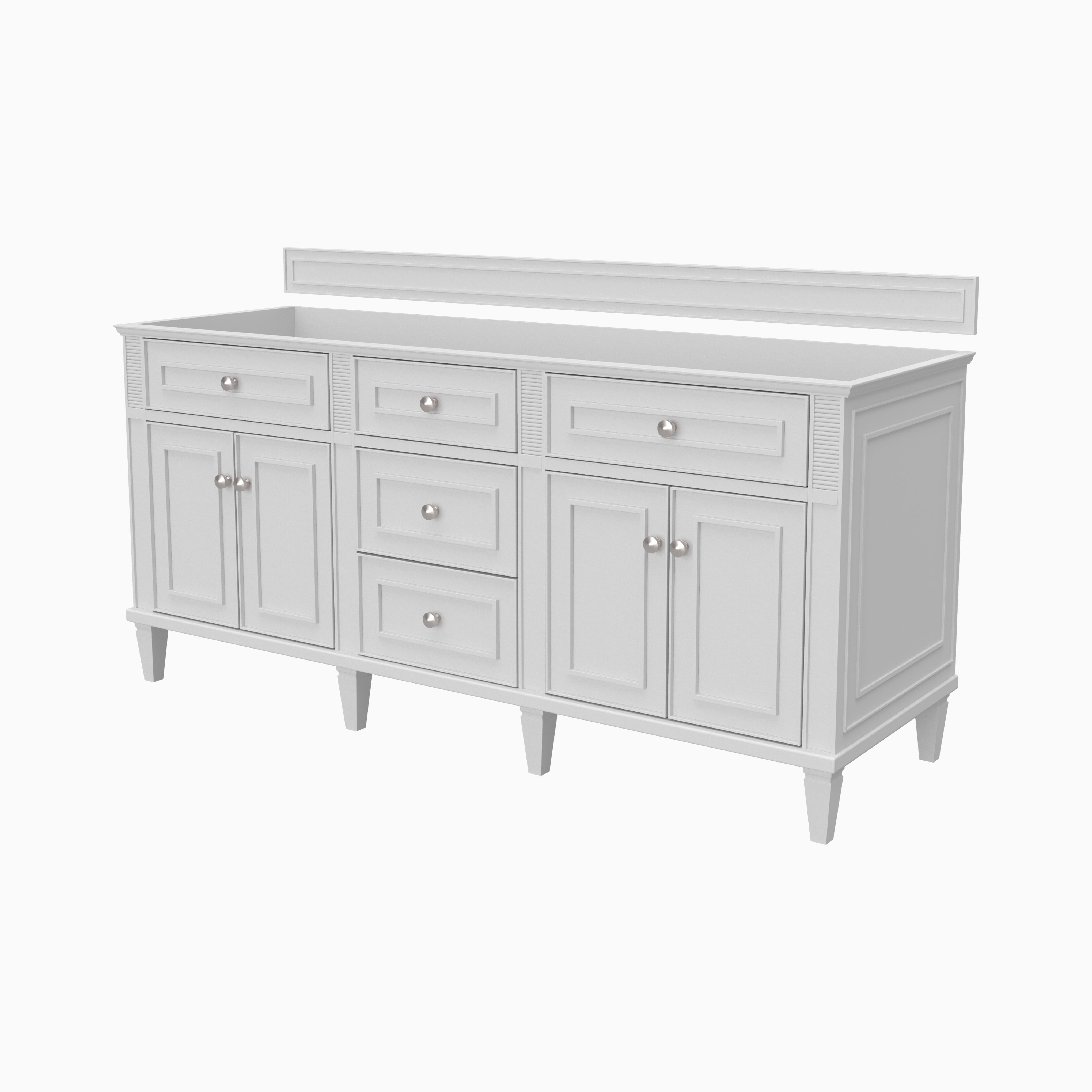 Elodie 72-inch double vanity cabinet in bright white with paneled doors, drawers, and integrated backsplash frame.